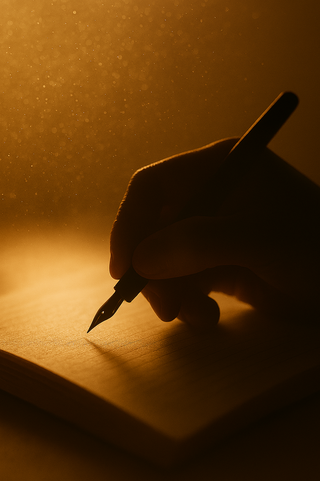 Nahaufnahme einer Hand, die mit einem Füllfederhalter in ein geöffnetes Notizbuch schreibt. Warmes, goldenes Licht fällt von links ein und lässt feine Staubpartikel im Hintergrund sichtbar werden. Die Szene wirkt ruhig und konzentriert.