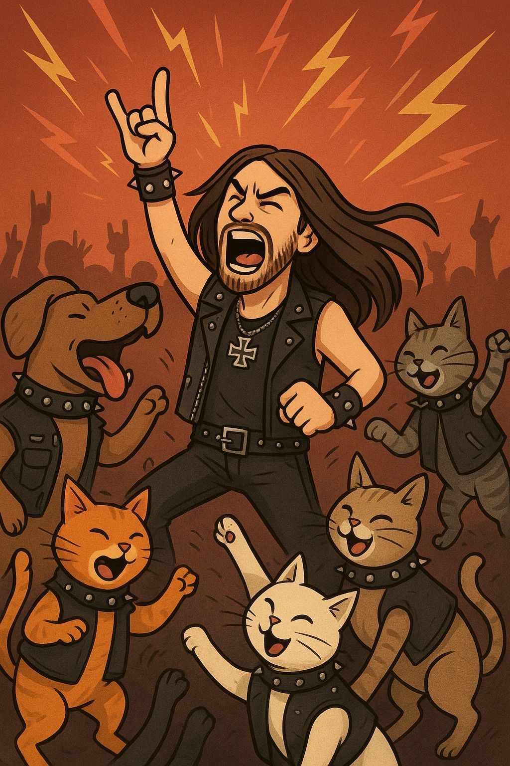 Cartoon eines Metal-Fans mit erhobener Metal-Geste, umgeben von feiernden Katzen und einem Hund.