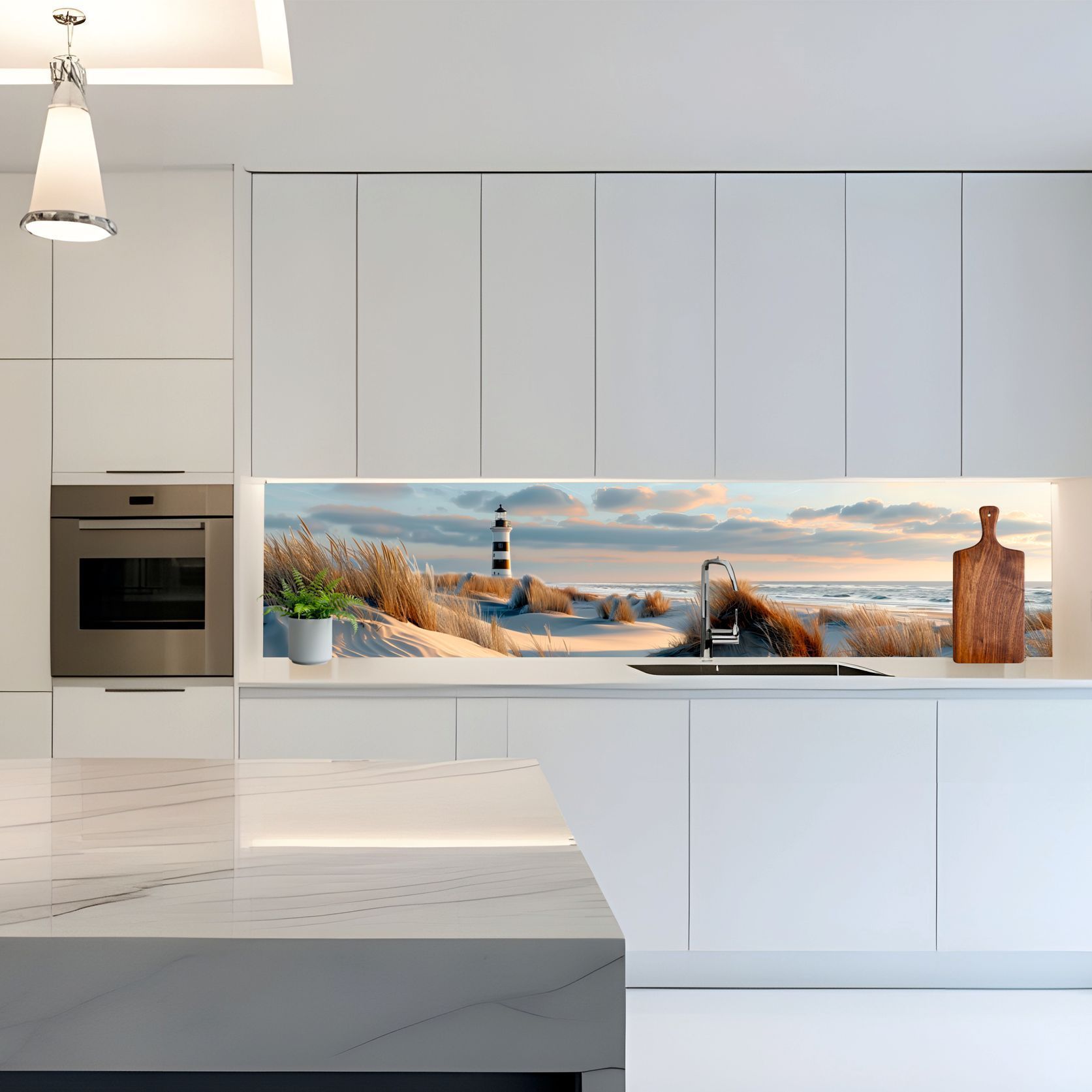 Beispiel eines Küchenspiegels in einer weißen Küche mit dem Motiv eines Leuchtturms in den Dünen.