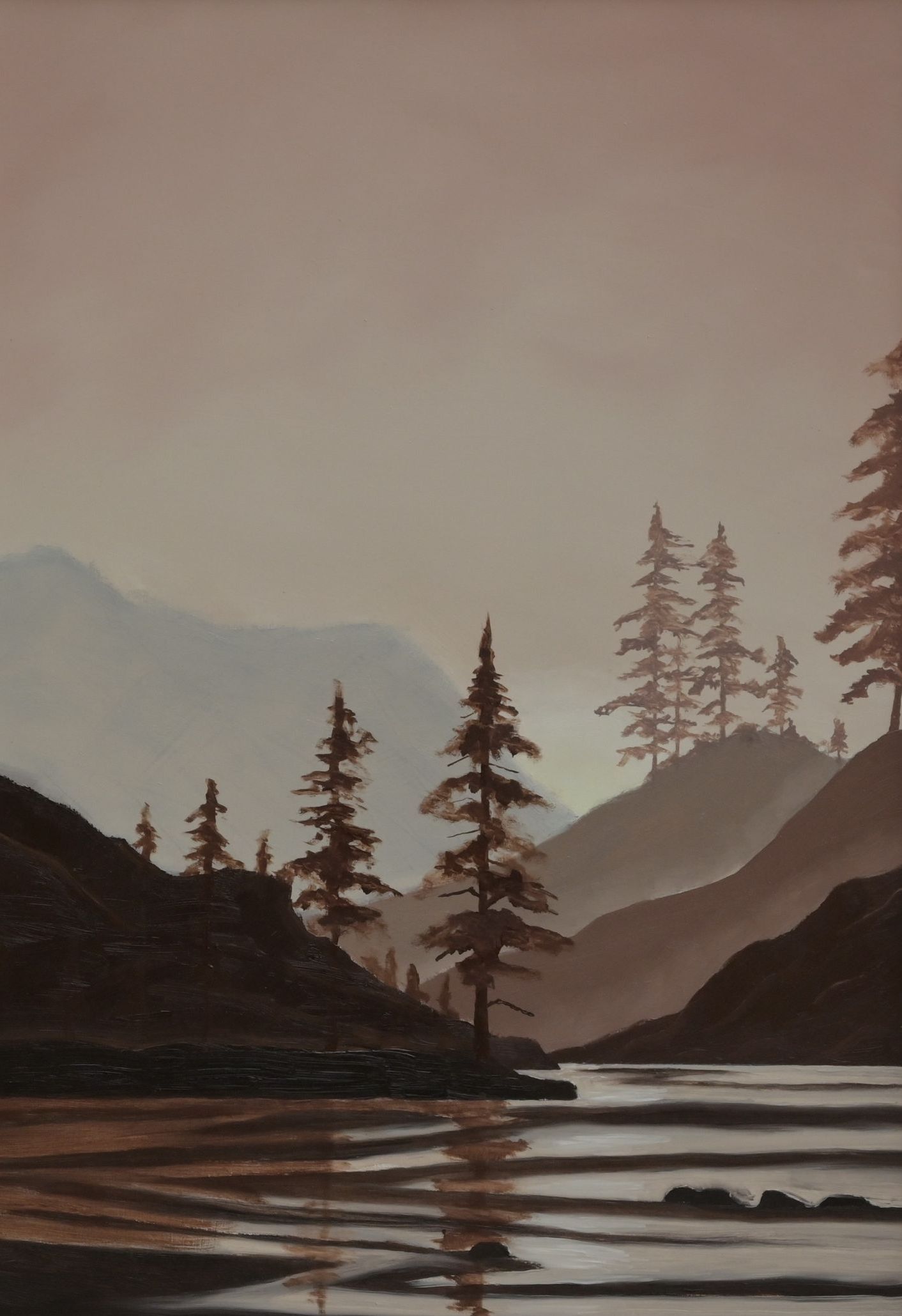 Oil painting of river flowing through mountain landscape. Pine trees on a Canadian mountain. Single colour painting.