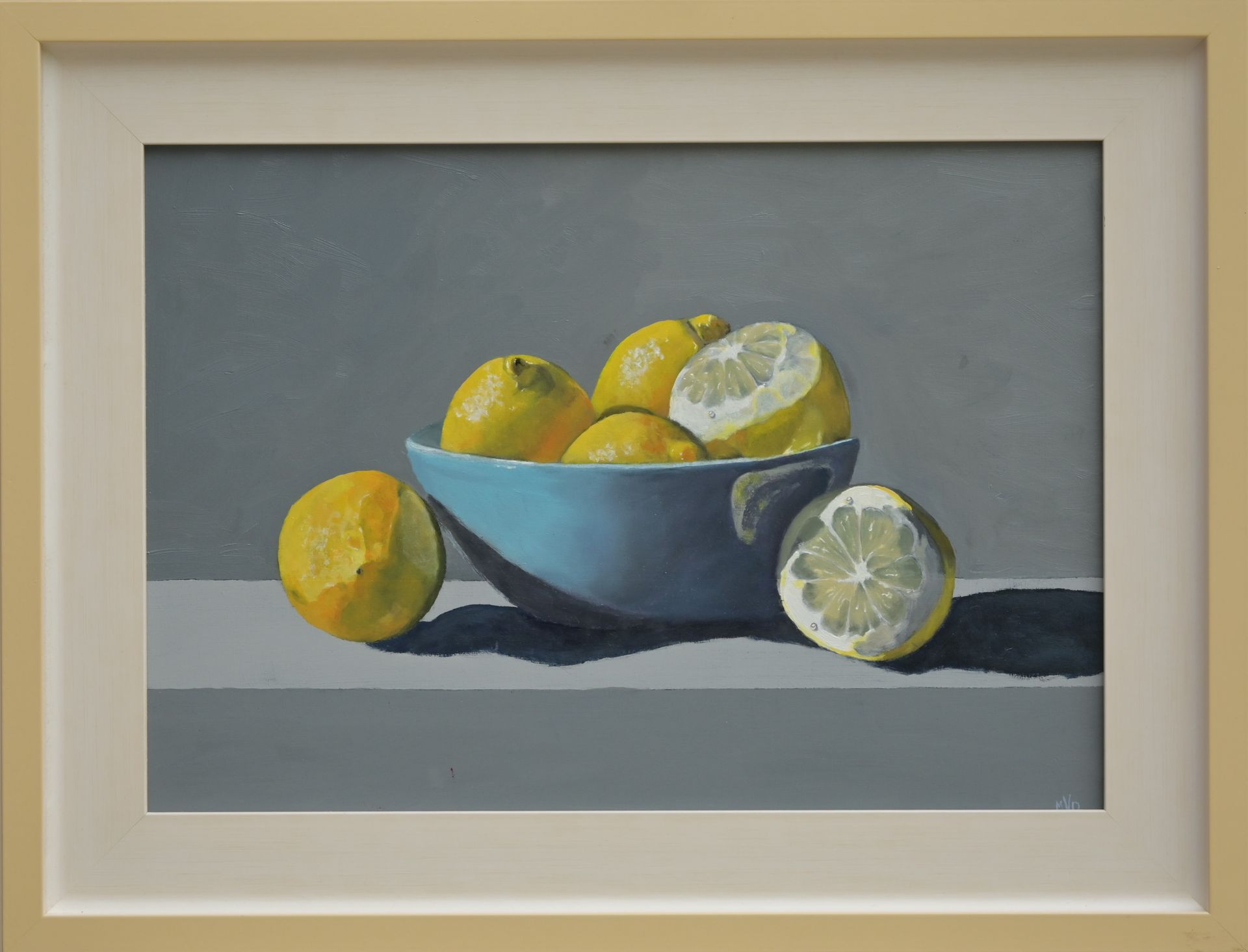 Still Life oil painting by Mike Dudfield of Lemons in a Turquoise Bowl. Waters drops painted onto lemons.