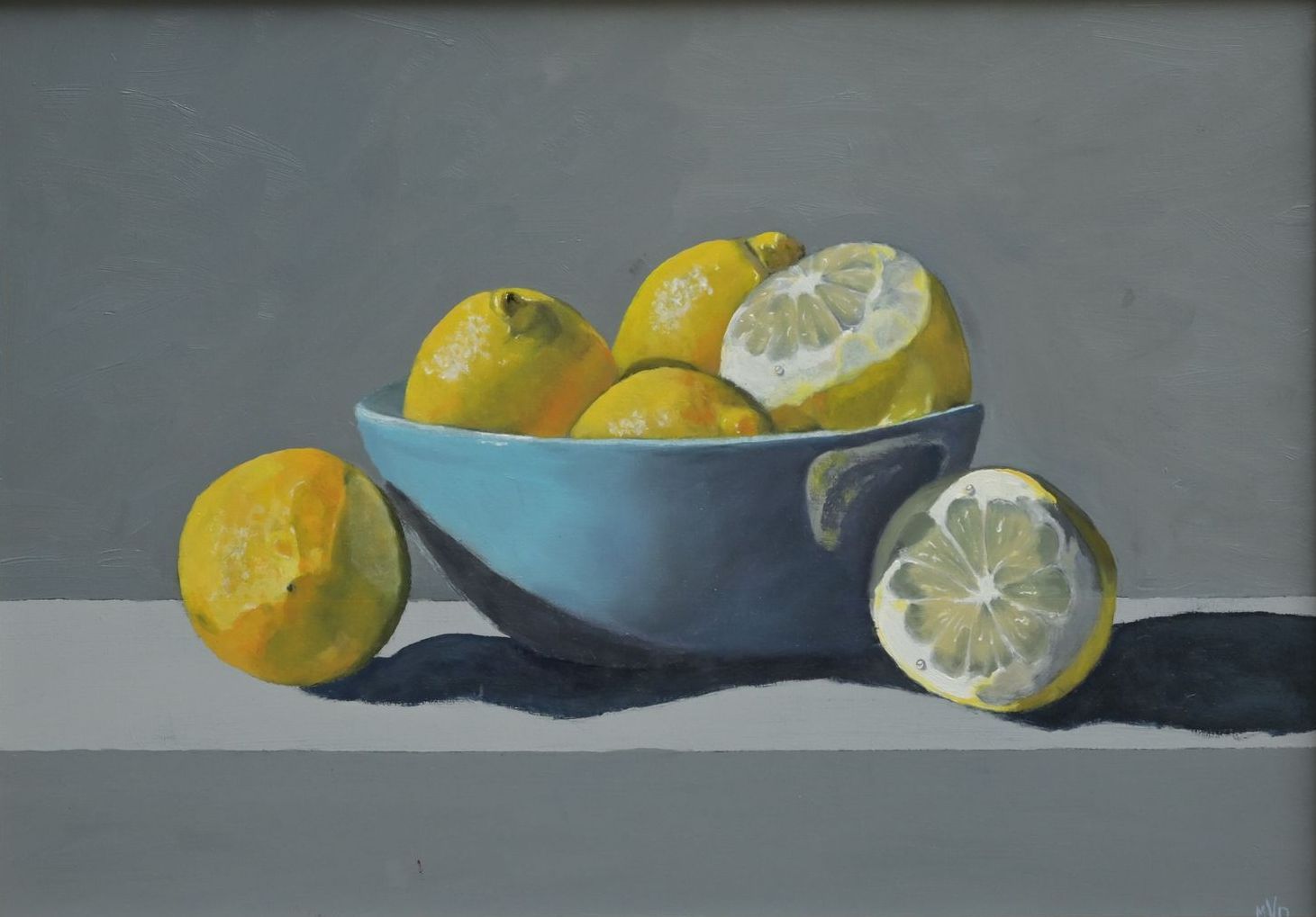 Still Life oil painting by Mike Dudfield of Lemons in a Turquoise Bowl. Waters drops painted onto lemons.