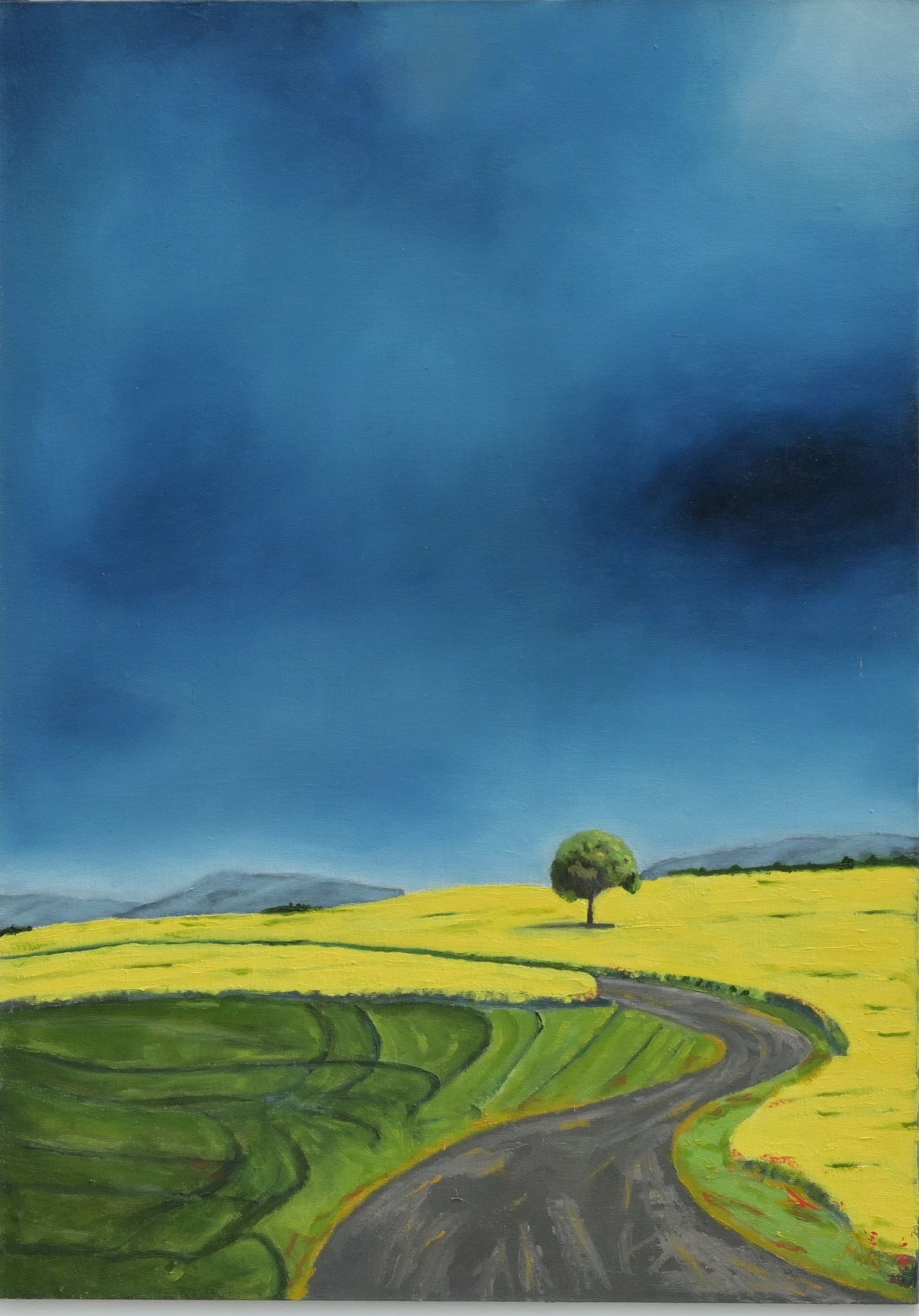 Oil painting by mike Dudfield showing a yellow field under a dark blue sky. A lone tree in a yellow field.