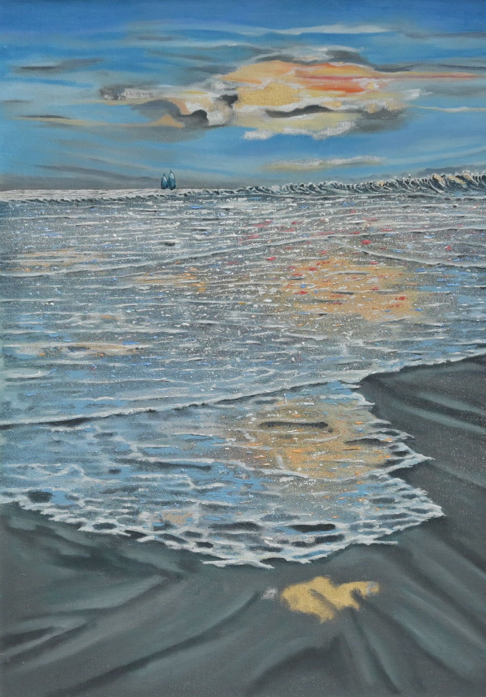 Oil painting by Mike Dudfield titled 'Sparkly Ocean Ripples,' depicting calm ocean waters with shimmering reflections.