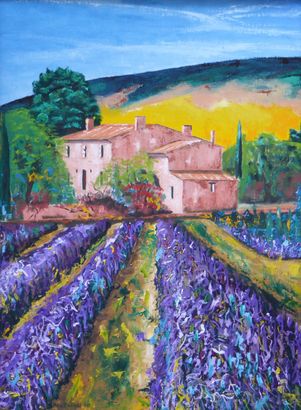 Farmhouse, lavender fields and mountain, Provence, France