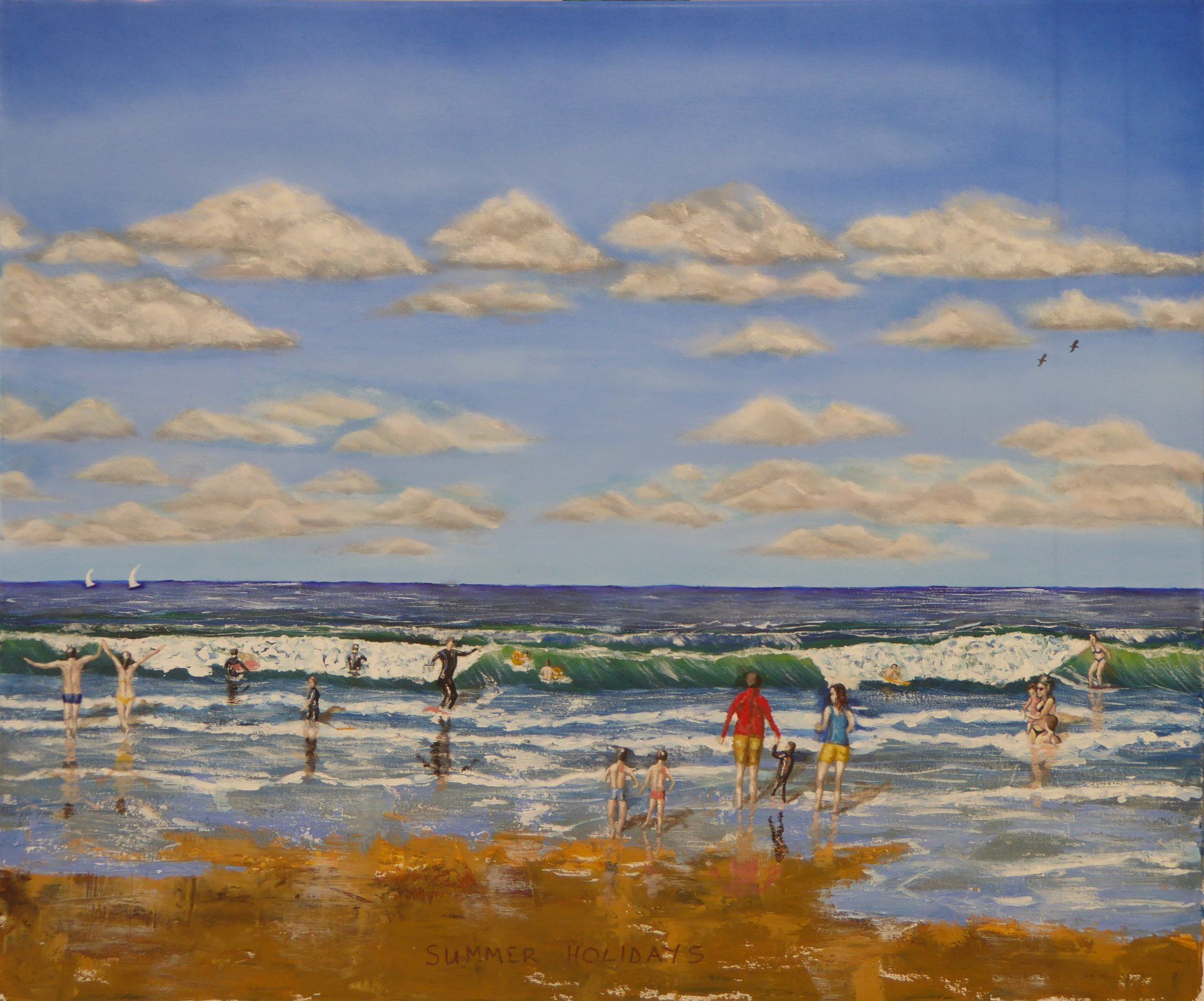 Beach painting of people paddling in the sea