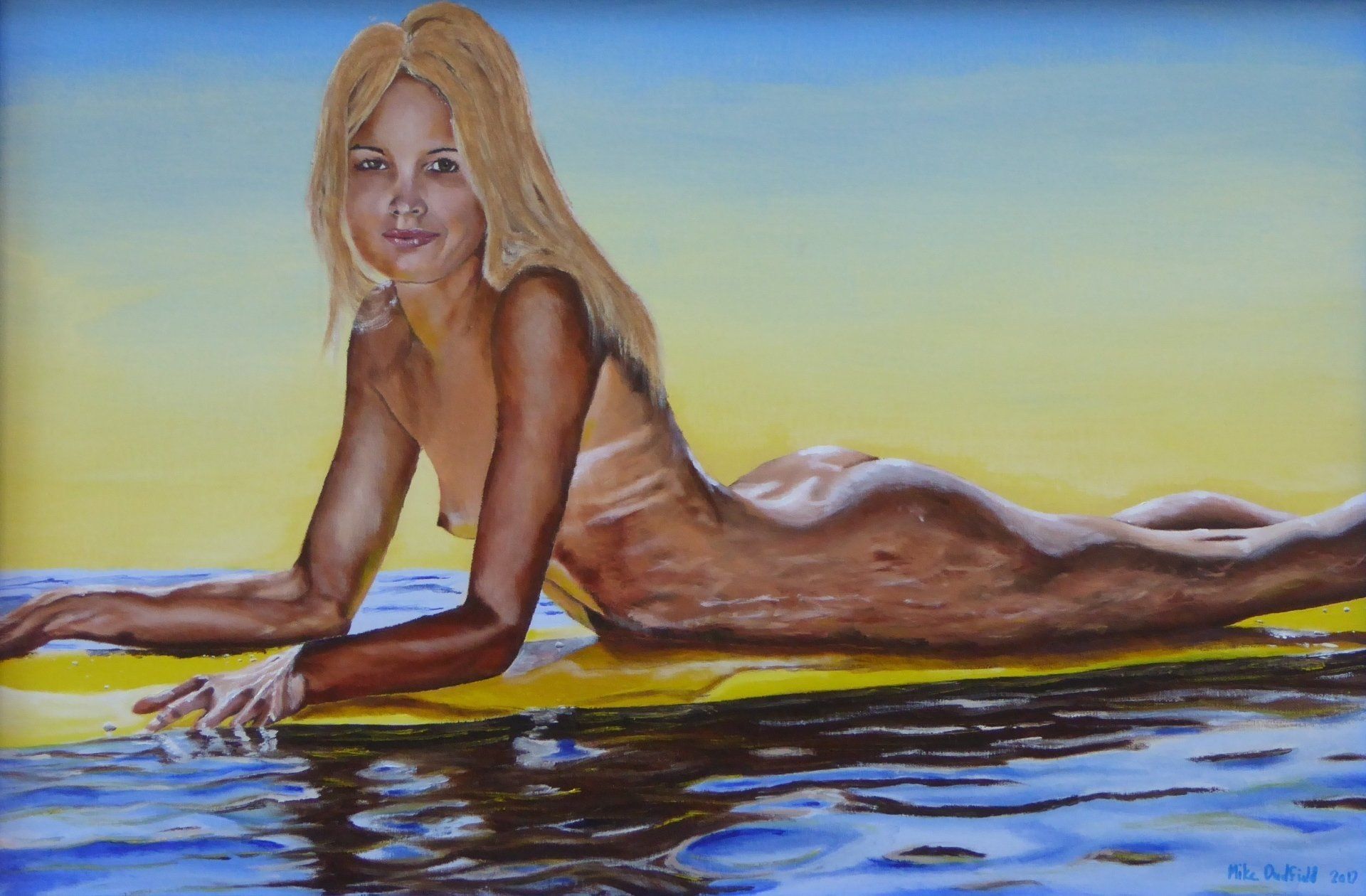 Painting of Sexy nude Girl on Surfboard