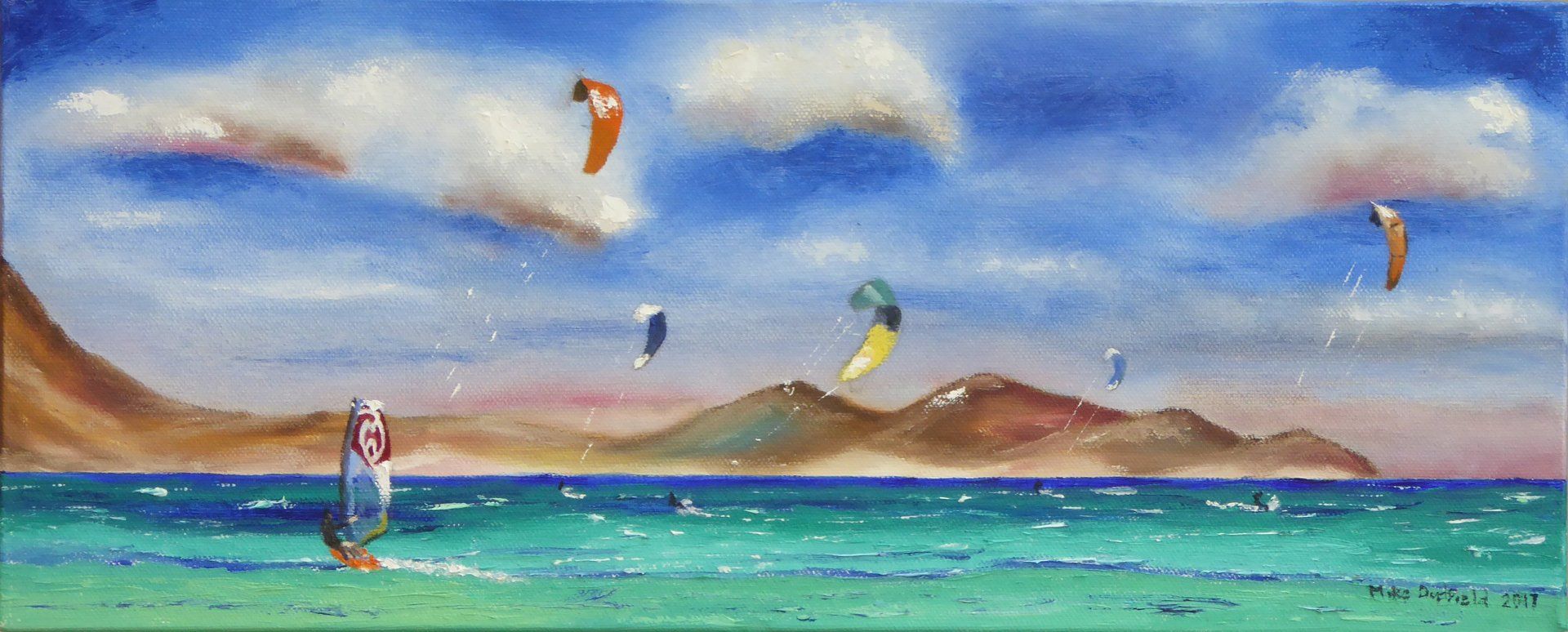 Painting windsufers and kitesurfers  off Flag Beach with Lobos.