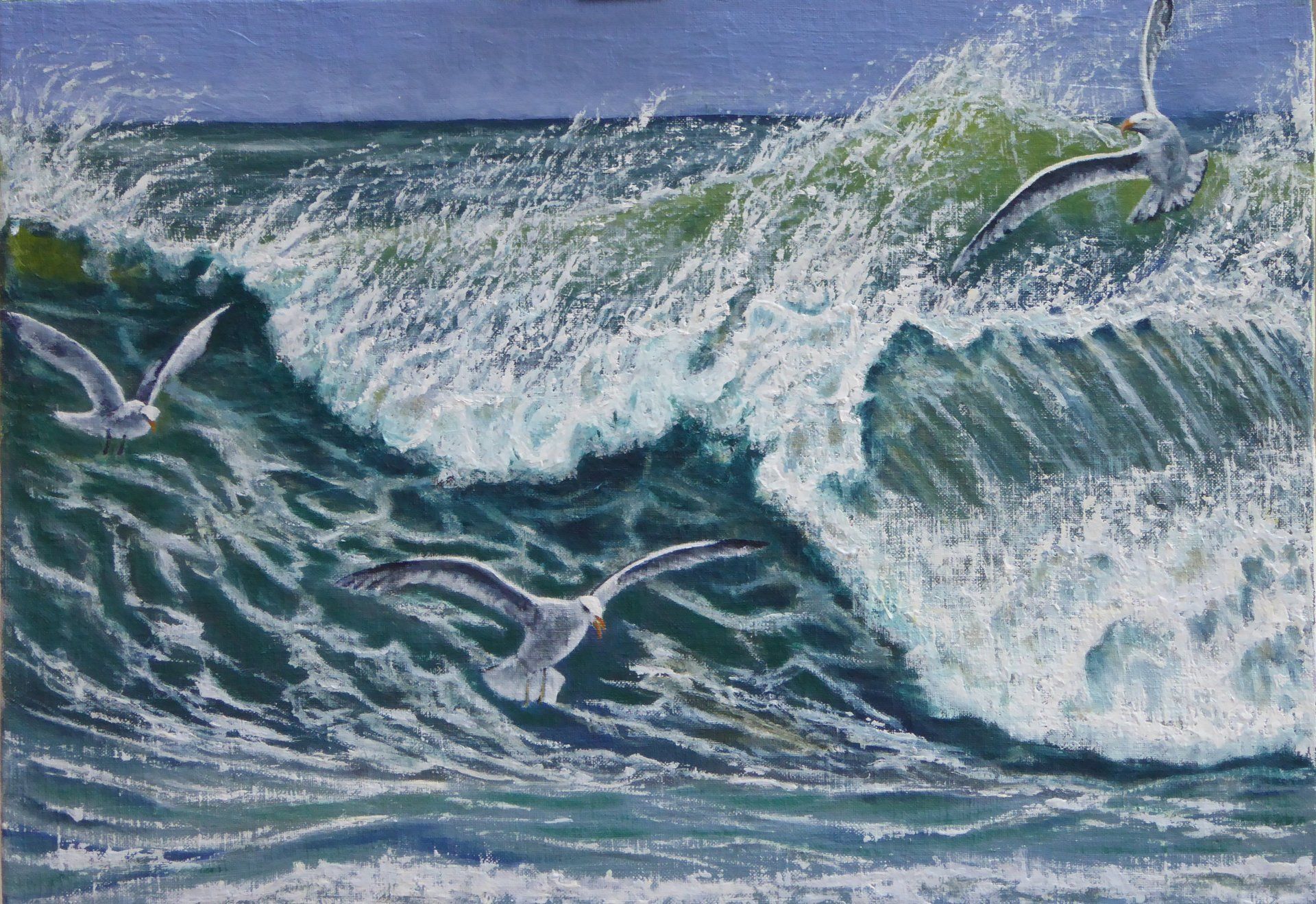 Painting of ocean wave. Seagulls Flying for Fish