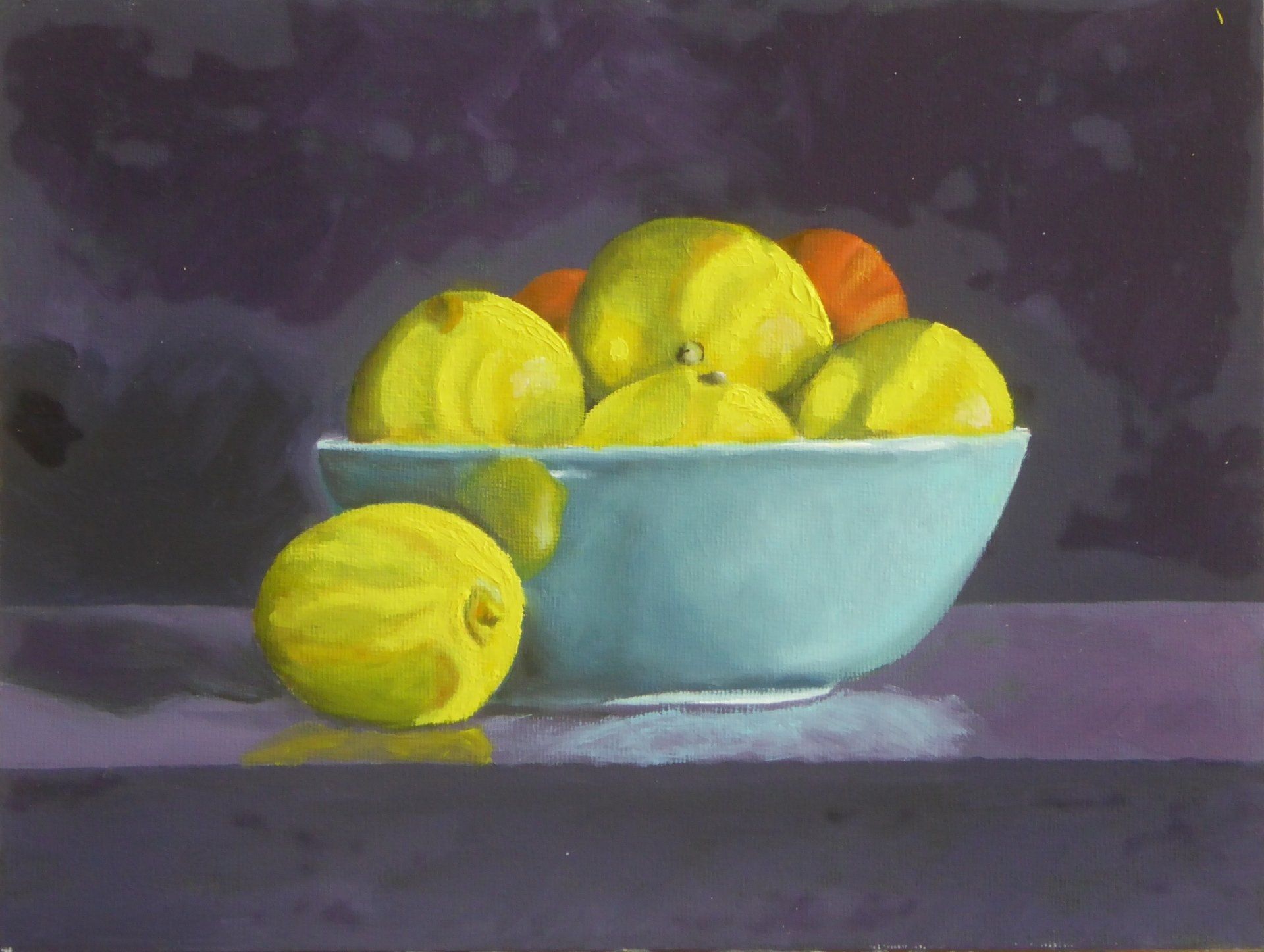 Painting of Lemons and Oranges in a blue bowl