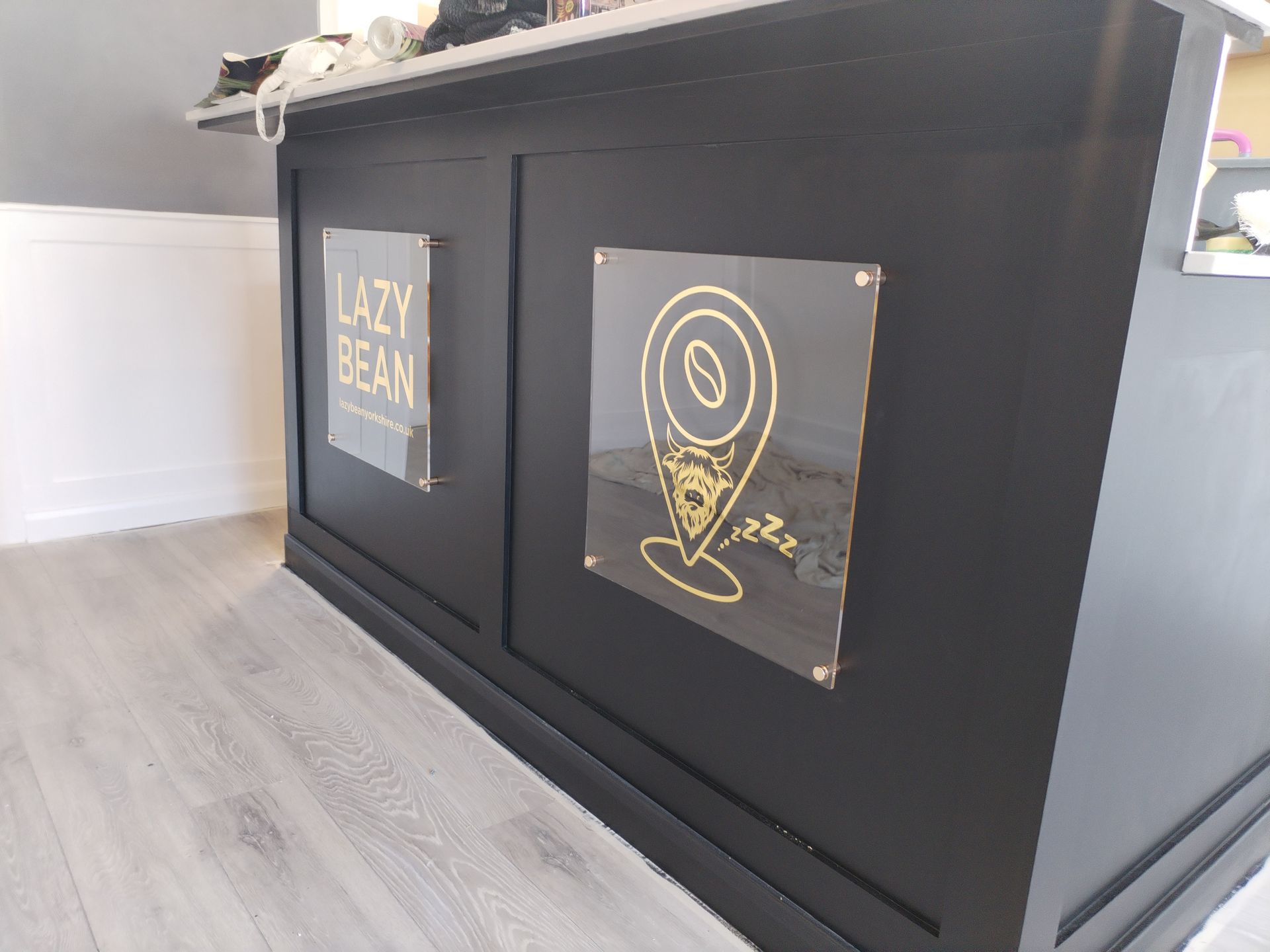 8mm Acrylic Plaques with Gold Stand-offs. Lazy Bean Yorkshire