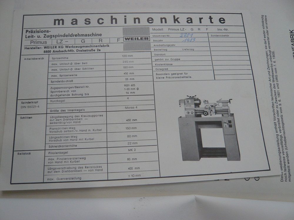 gebrauchte Drehmaschine, Weiler Primus, Heneka&Woll, hw-maschinen.de