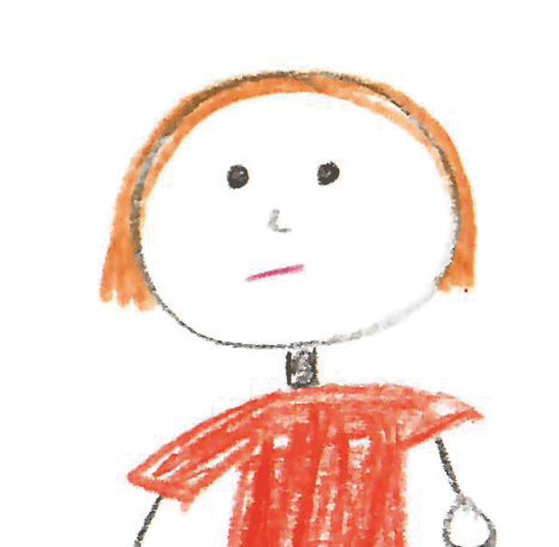 Kinderzeichnung von einer Mädchen mit einem orangefarbenen Shirt und einem Bob