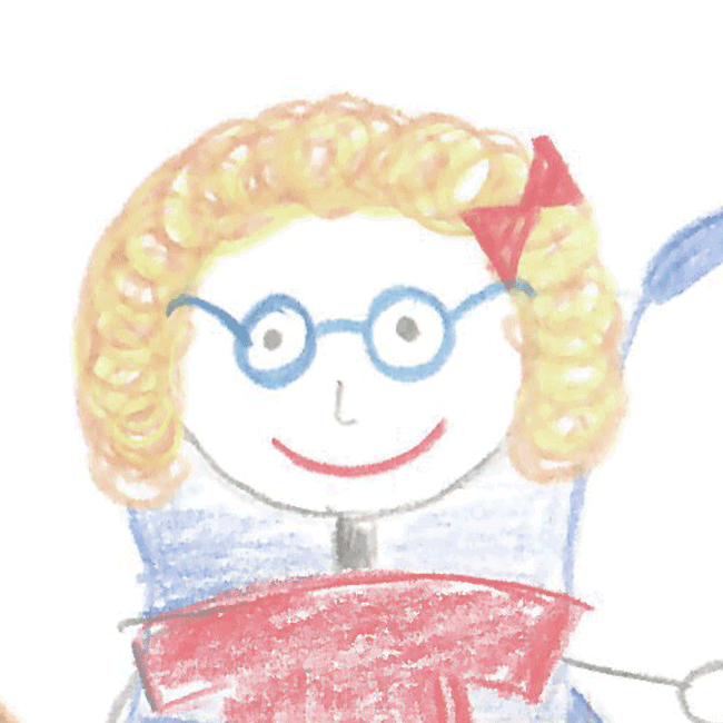 Kinderzeichnung von einem Mädchen im Rollstuhl mit einer Brille