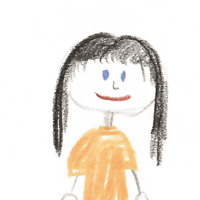Kinderzeichnung von einem Mädchen mit dunklen Haaren und Pony