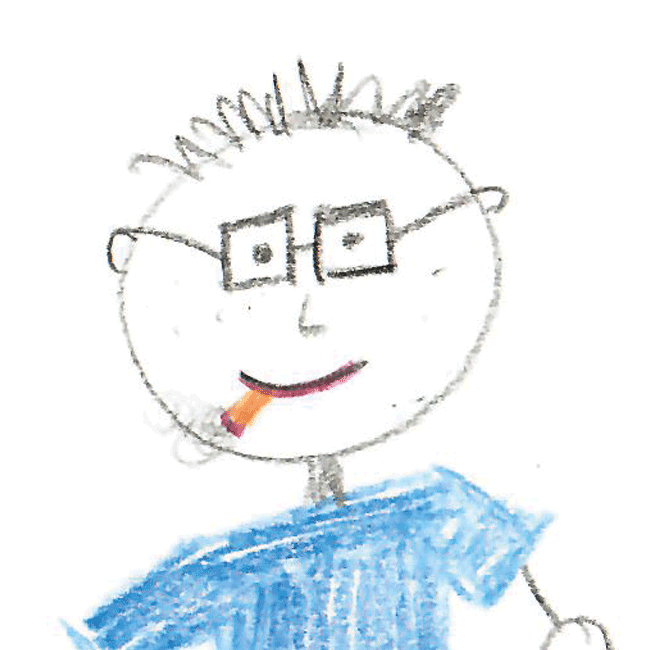 Kinderzeichnung von einem Jungen mit einer Brille und einer Zigarette im Mund