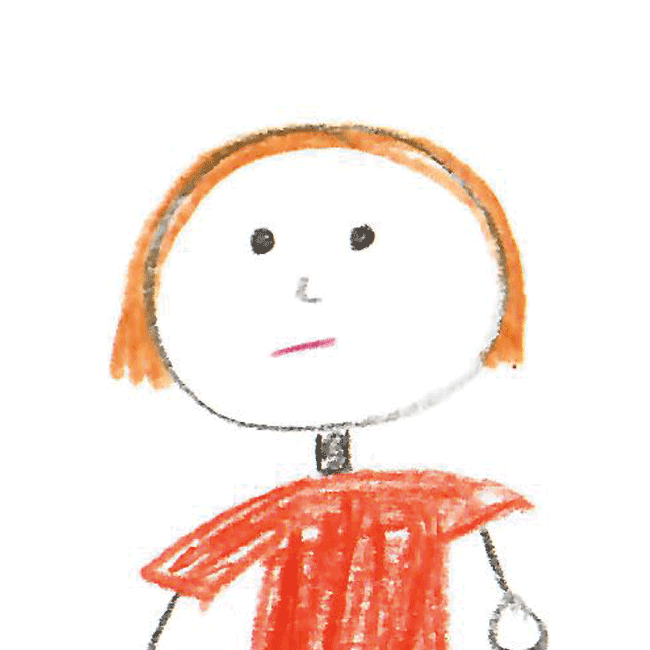 Kinderzeichnung von einer Mädchen mit einem orangefarbenen Shirt und einem Bob