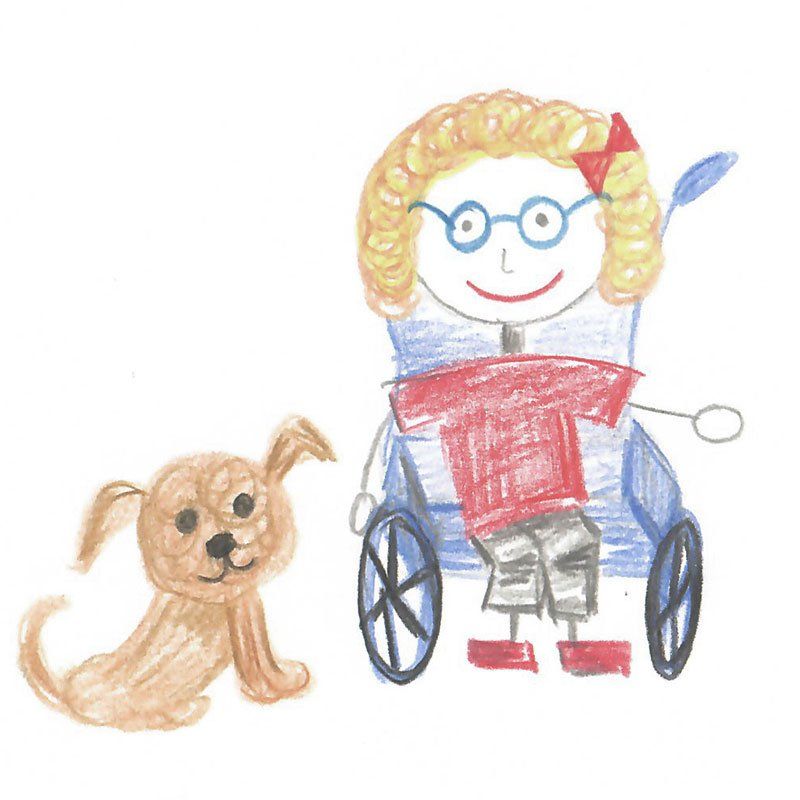 Zeichnung von Kind im Rollstuhl mit einem Hund daneben