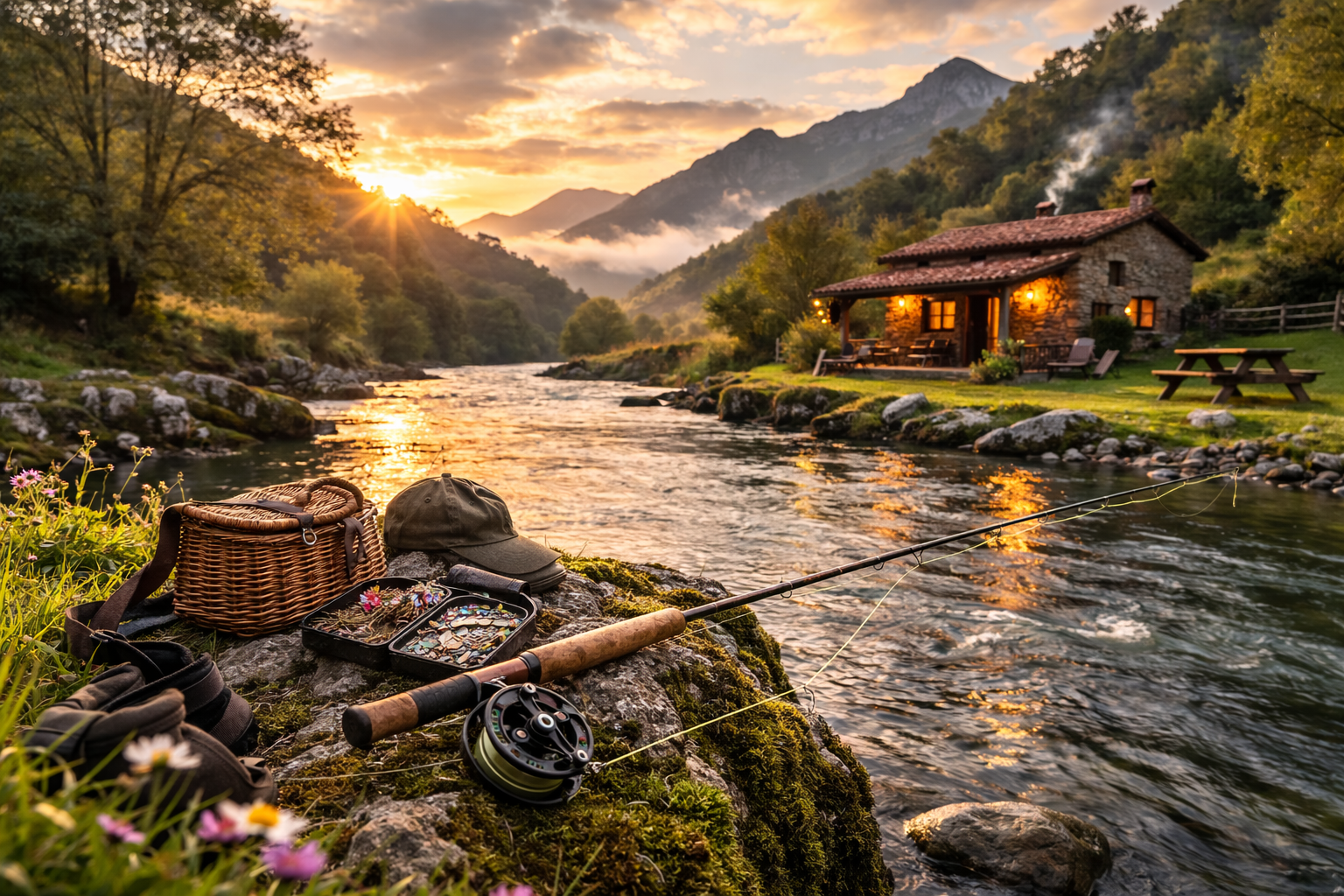 Casa rural junto a río salmonero en Asturias al atardecer, alojamiento para pesca