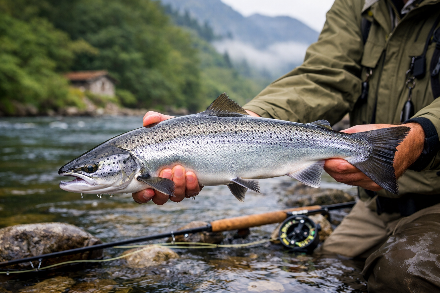 Pescador con salmón en río asturiano