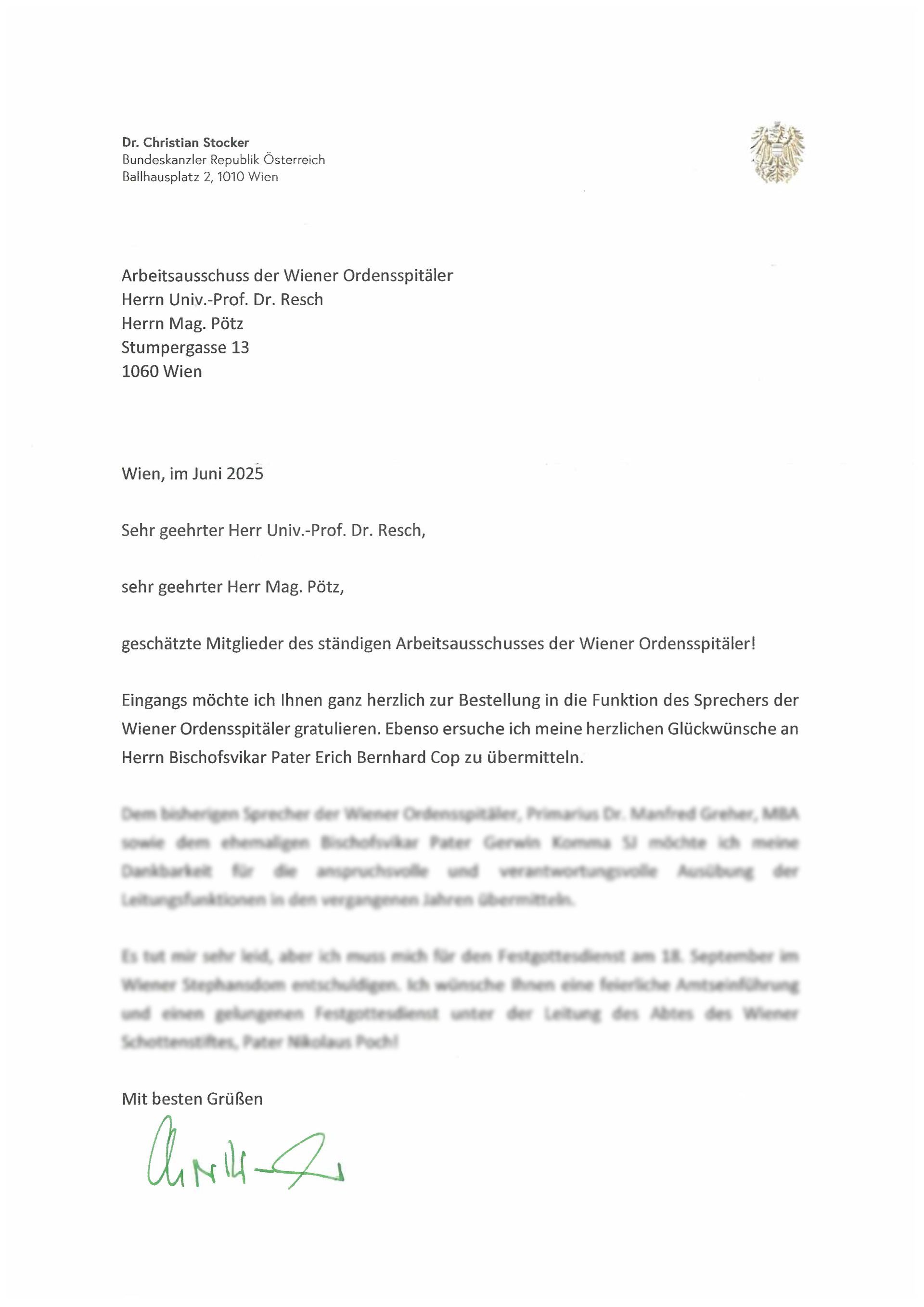 Prof. Heinrich Resch, Bundeskanzler Dr. Christian Stocker Prof. H. Resch, Gratulation von Bundeskanzler Dr. Christian Stocker