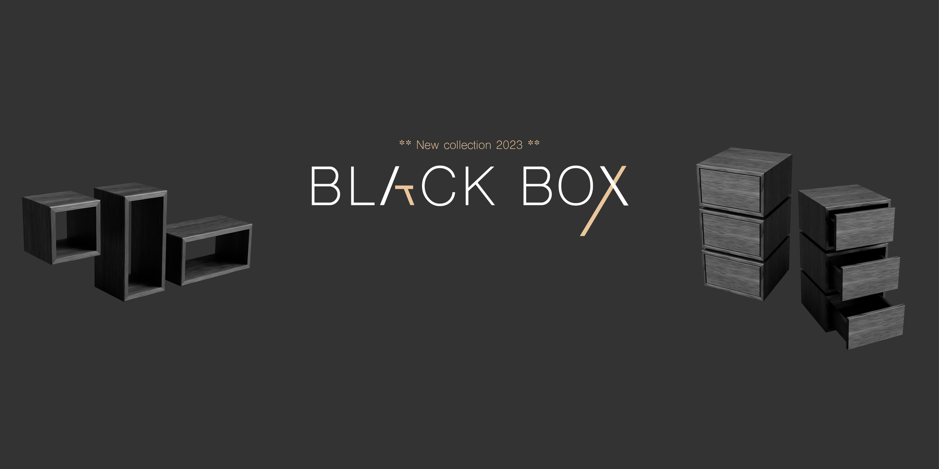 Banner BLACK BOX Kollektion mit Bildern von Wandregalen und Sideboards