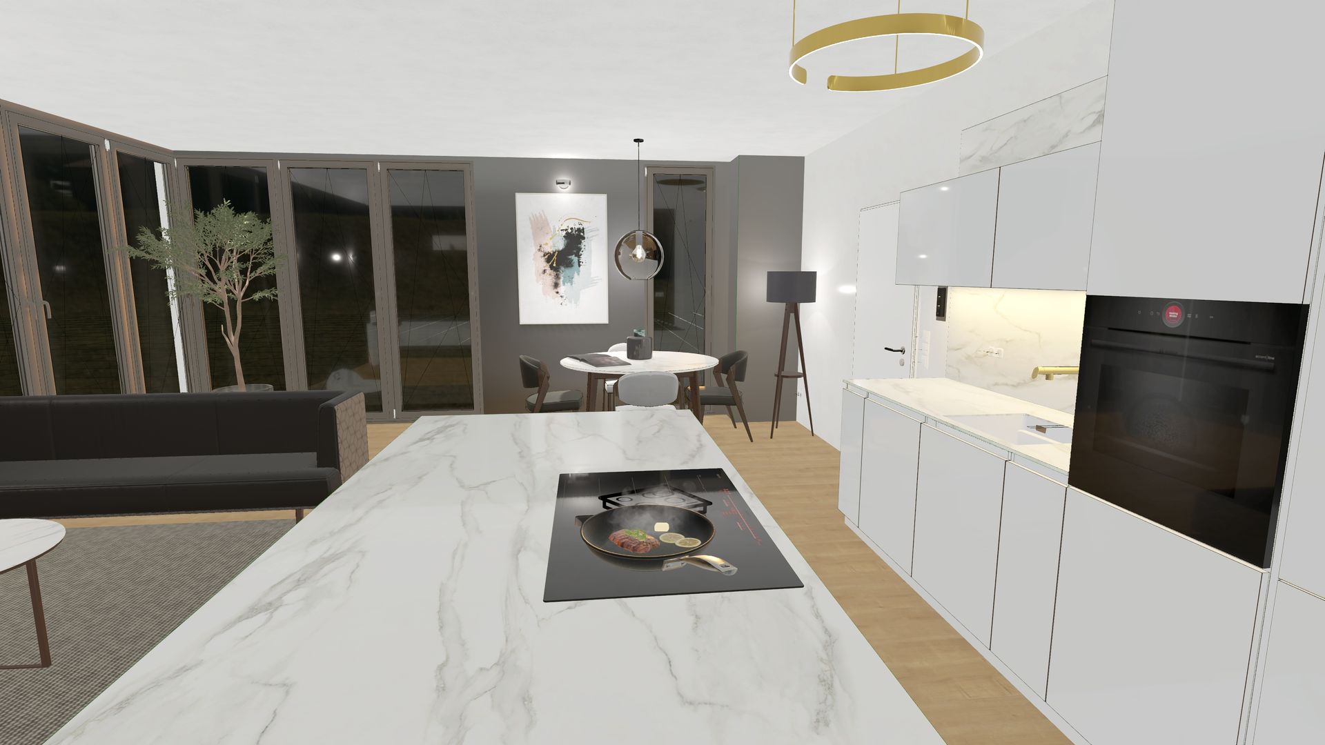 Erleben Sie ultimativen Komfort und Stil in Ihrer Küche mit unseren hochwertigen Blanco Keramikbecken, eleganten schwarzen Armaturen und der Pracht der Bosch accentLine Premium Einbauelektrogeräte, perfekt abgestimmt auf unsere Ballerina Küche mit Smartglas Hochglanz Fronten und marmorierten Keramik-Arbeitsplatten.