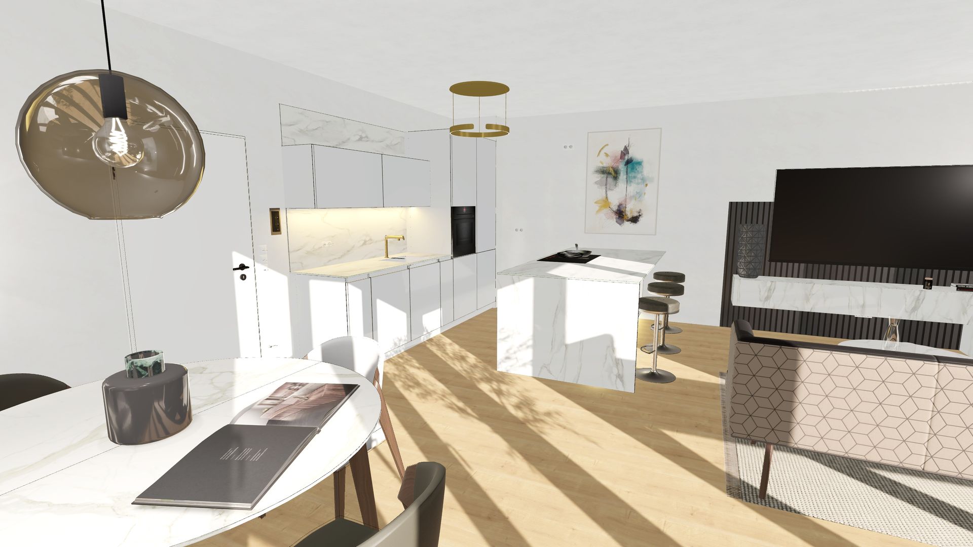 Verleihen Sie Ihrer Küche einen Hauch von Luxus mit unseren Smartglas Hochglanz Fronten und marmorierten Keramik-Arbeitsplatten, die für Stil und Langlebigkeit stehen.