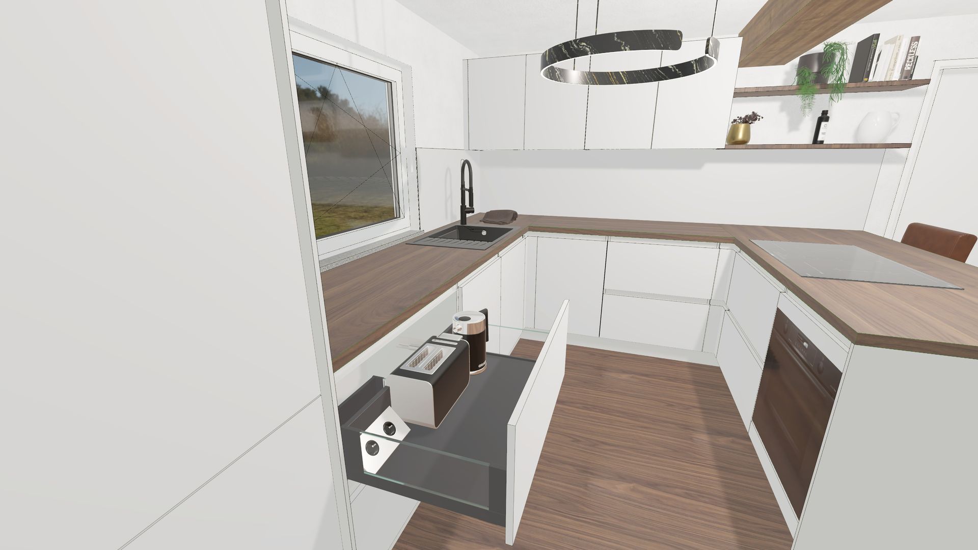 Einbauküche mit Halbinsel und versteckter Steckdose im Auszugsschrank für saubere Arbeitsflächen.