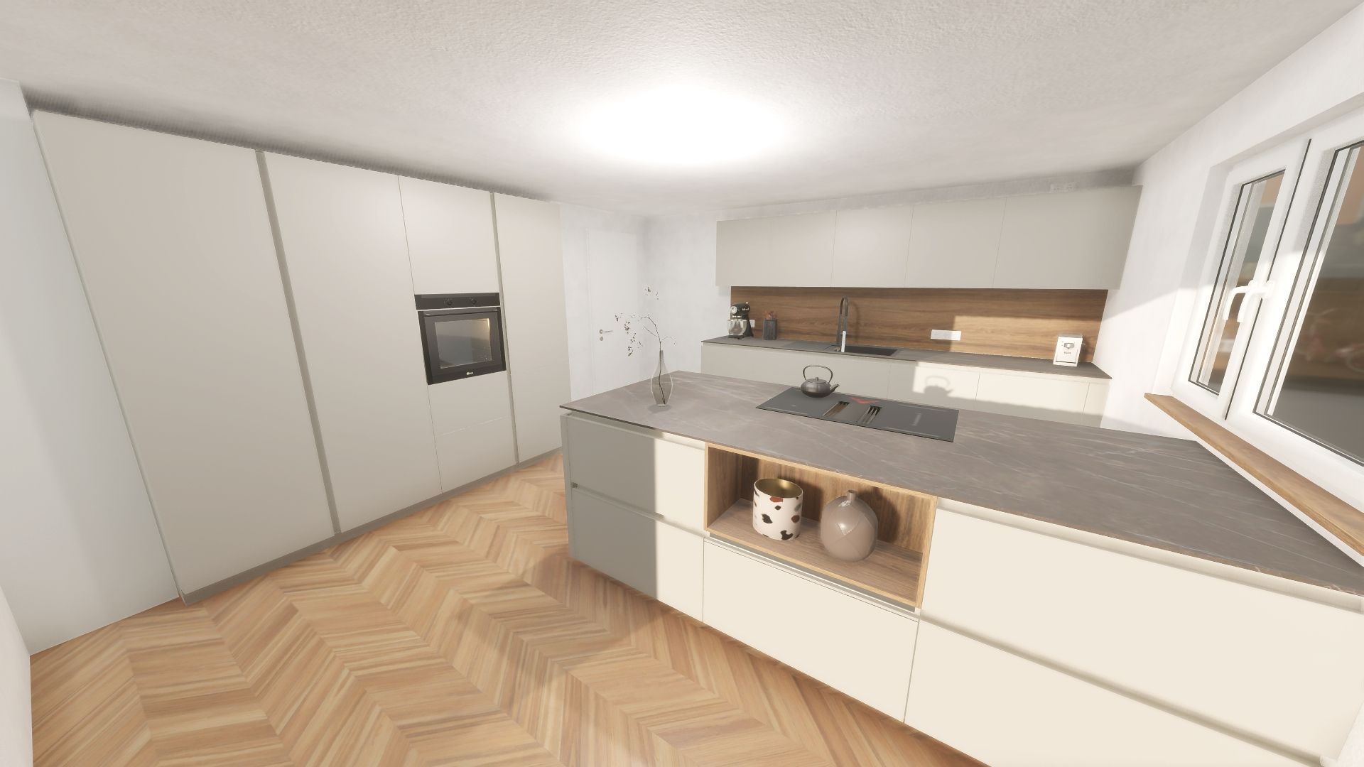 Offene Ballerina-Küche in sandiger Resopalfront und Holzakzenten, in Frankfurt eingebaut.