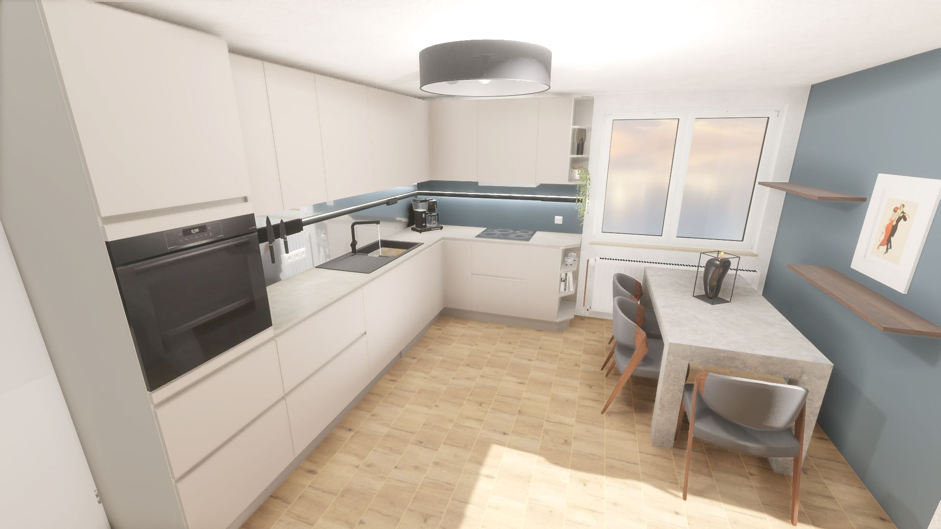 Moderne Nobilia-Küche in Sandton mit Antifingerprint-Beschichtung und flächenbündiger Keramikarbeitsplatte im Retro-Look.