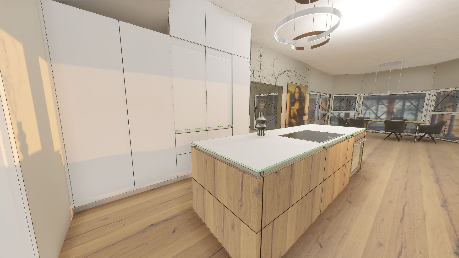 Detailaufnahme der freistehenden Kücheninsel mit warmem Echtholzfurnier – eleganter Kontrast zur schneeweißen Keramikarbeitsplatte.