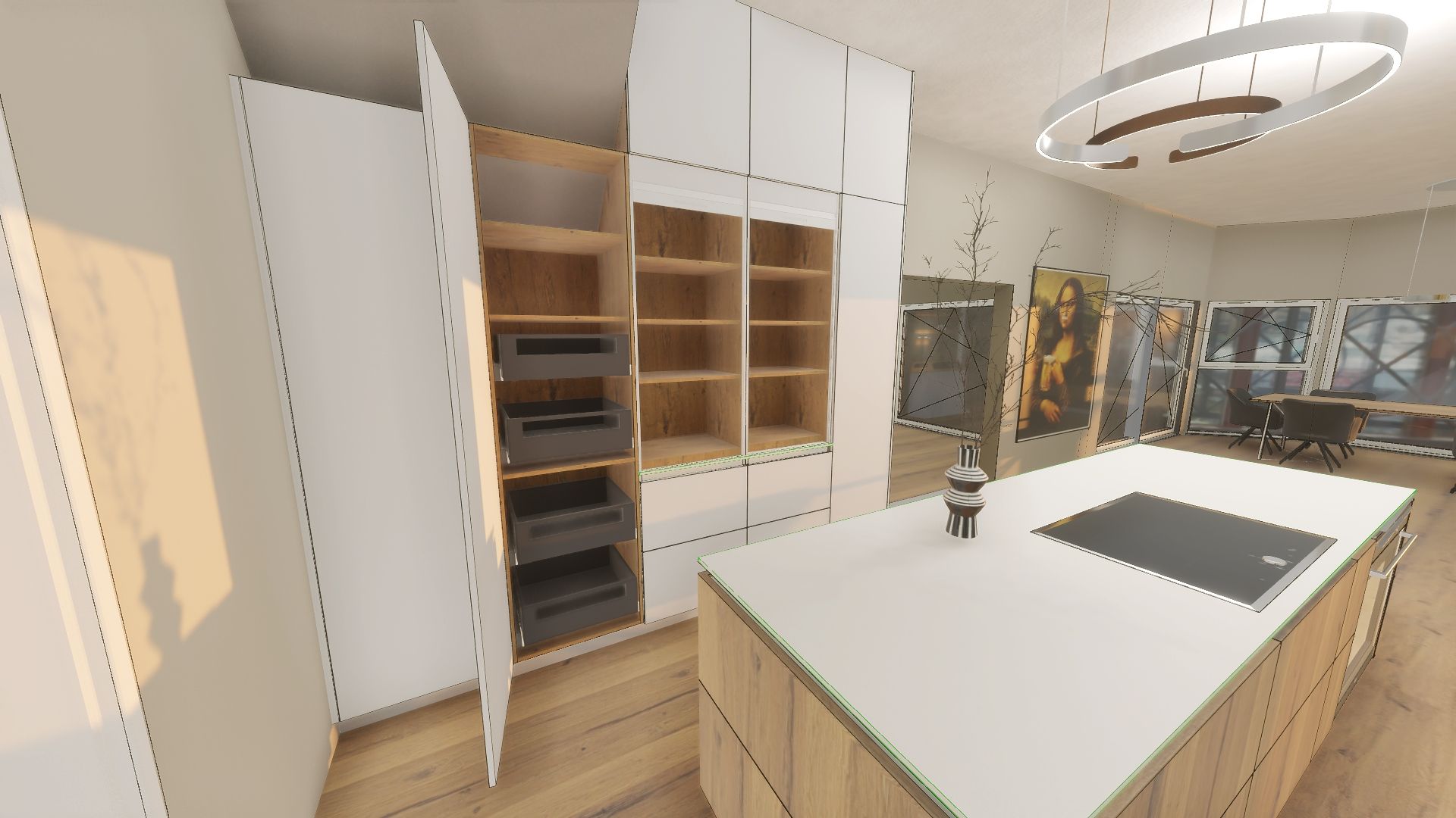 Küchenschrank mit Jalousieaufsatz und ausfahrbarem Tablar – clevere Lösung zum Verstecken von Kleingeräten.