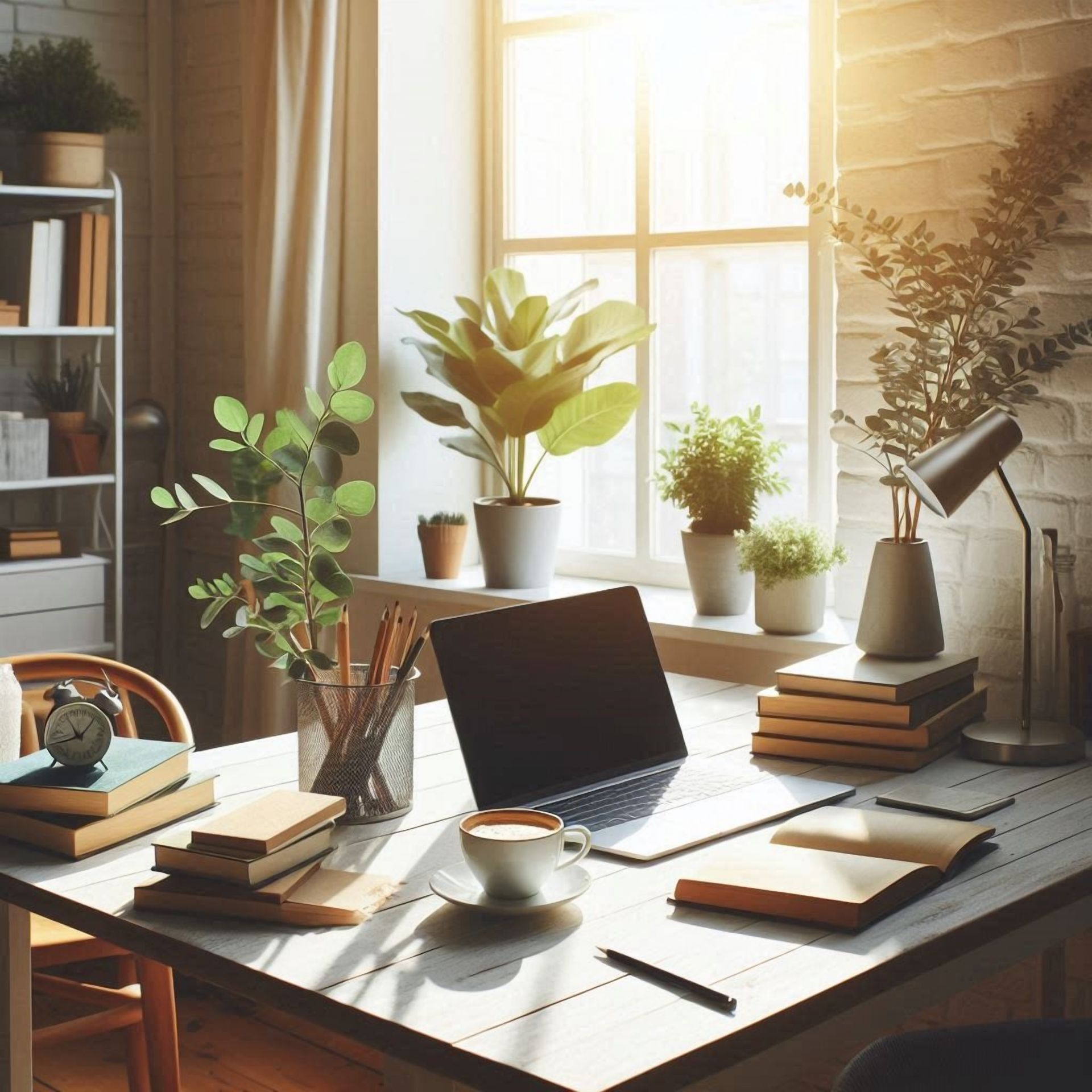 Schreibtisch mit Computer, Notizbuch und Pflanze in einem heimischen Büro