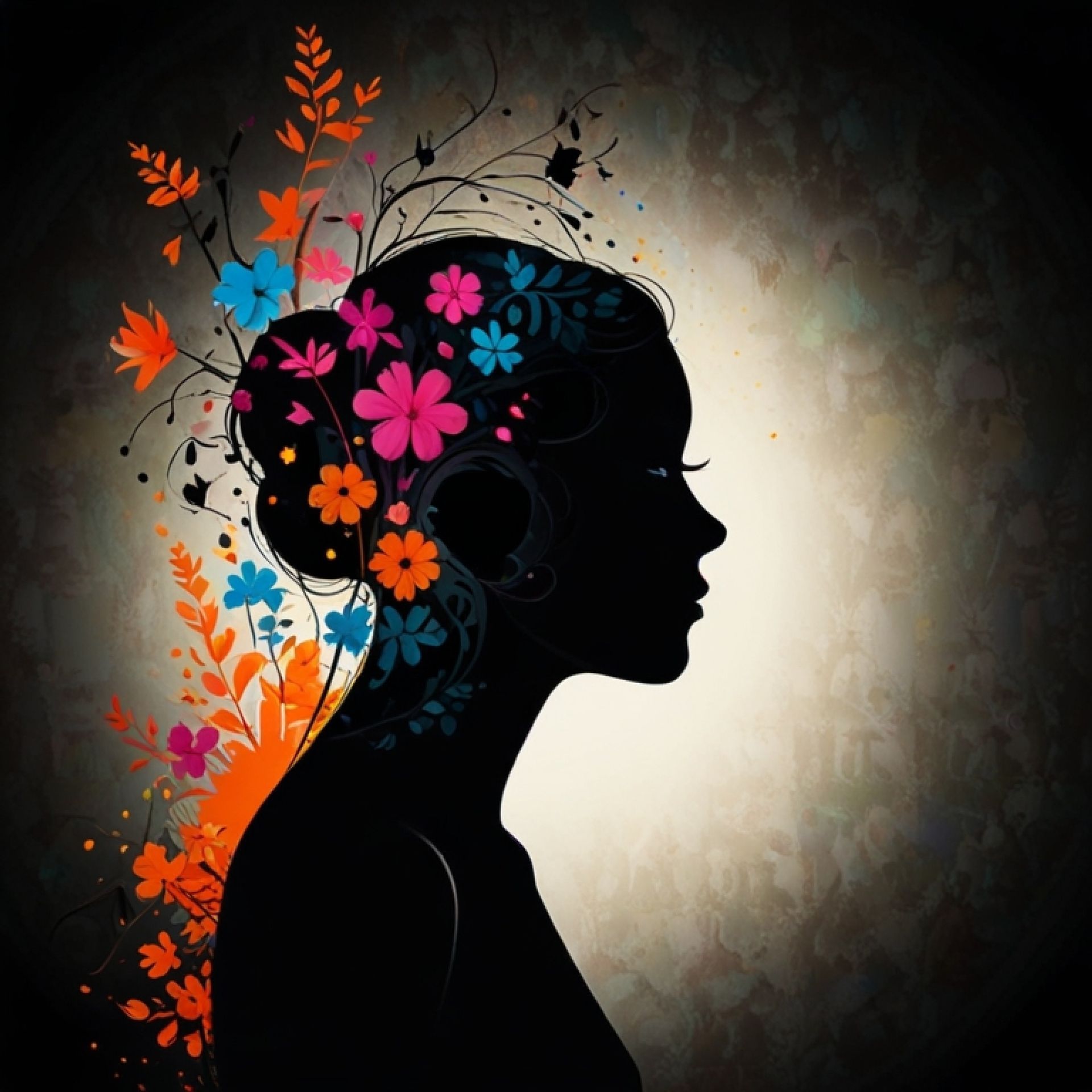 Bild eines weiblichen Kopfes mit Blumenranken zur Andeutung des Unterbewusstseins