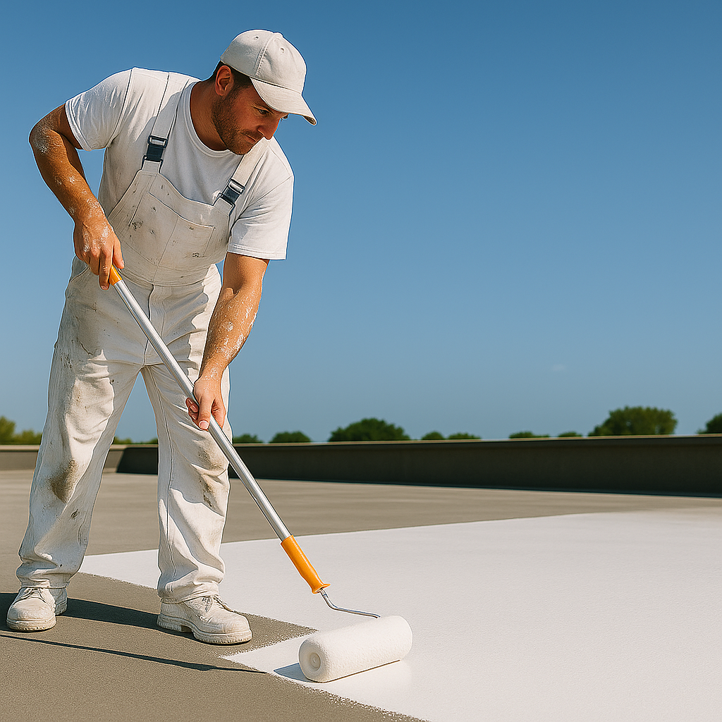 Image of Corline Dugganite Paint Pot on Roof with Workman
