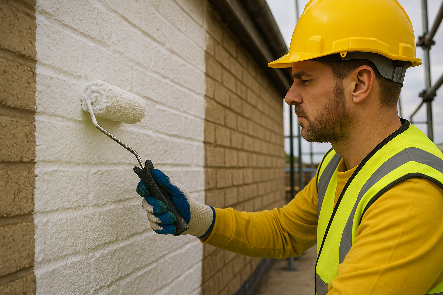 A construction worker in a yellow hard hat and high-vis vest applies white masonry paint to a textured brick wall using a roller, with scaffolding and an overcast sky visible in the background.