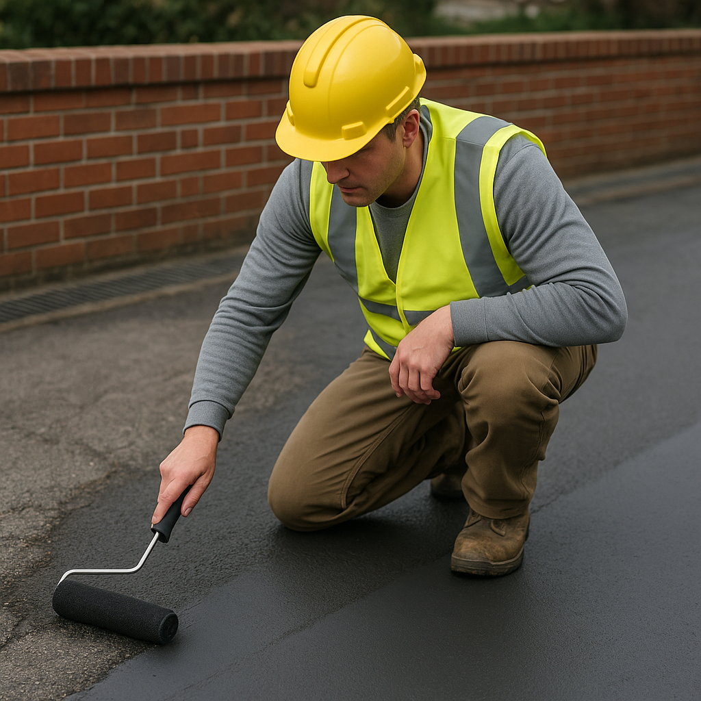 A construction worker in a yellow hard hat and high-vis vest kneels while applying dark grey driveway paint with a roller, contrasting the unpainted asphalt.