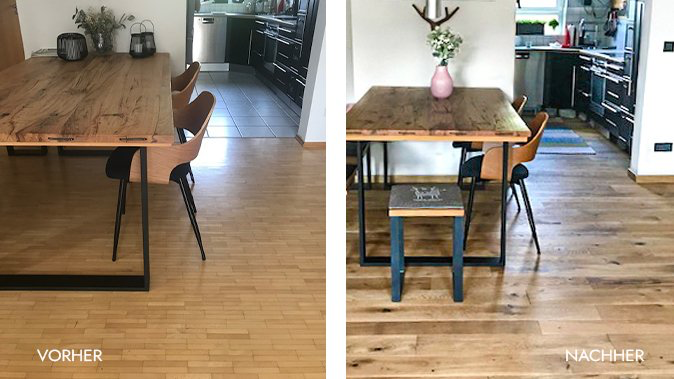 Renovierter Holzparkettboden in Küche/Essbereich – neue Oberfläche bringt Struktur und Wärme zurück.