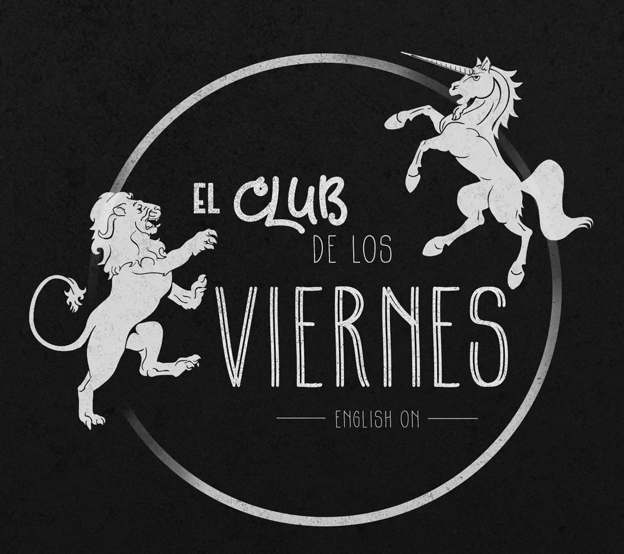 Logo del Club de los Viernes representando un leon y un unicornio blancos sobre fondo negro
