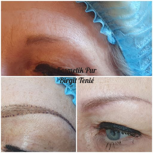 Augenbraue vor dem Rolling, Augenbraue vorgezeichnet und Augenbraue nach dem Rolling Rolling Brows sanfte pudrige Augenbrauen Schattierung , Augenbraue vorher, vorgezeichnete Augenbraue und Augenbraue nachher