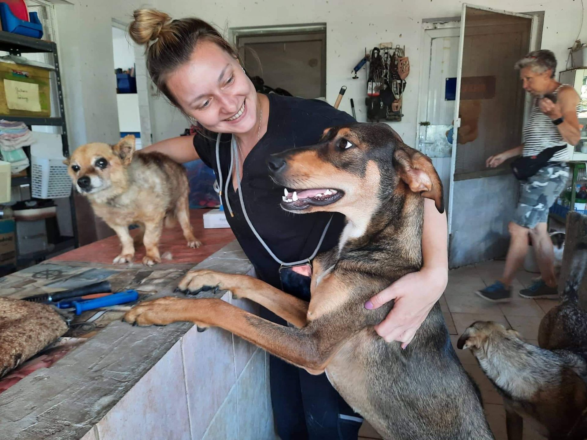 Hrau streichelt zwei Hunde und lächelt