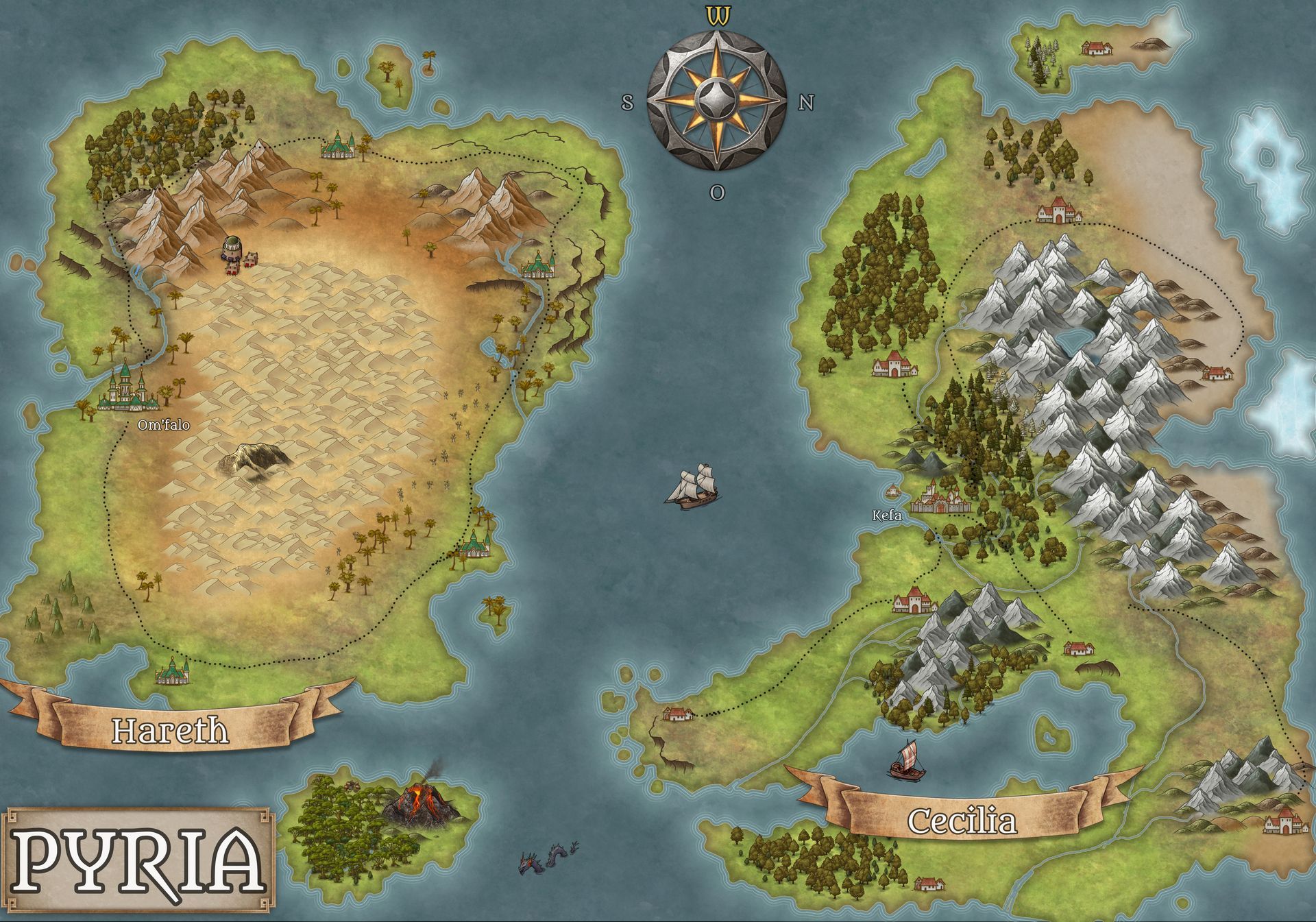 Pyria ist die Welt, in der die gleichnamige Trilogie spielt Große Karte von Pyria