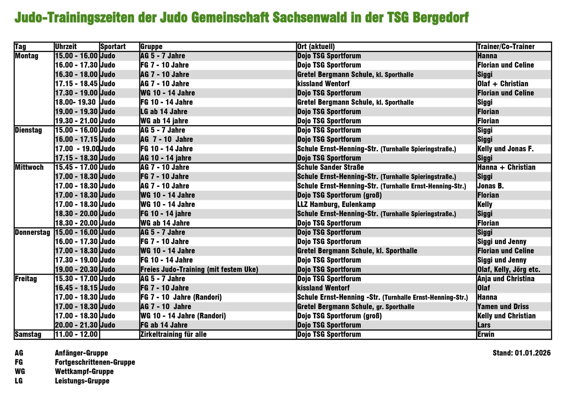 Die aktuellen JGS Judo Trainingszeiten.