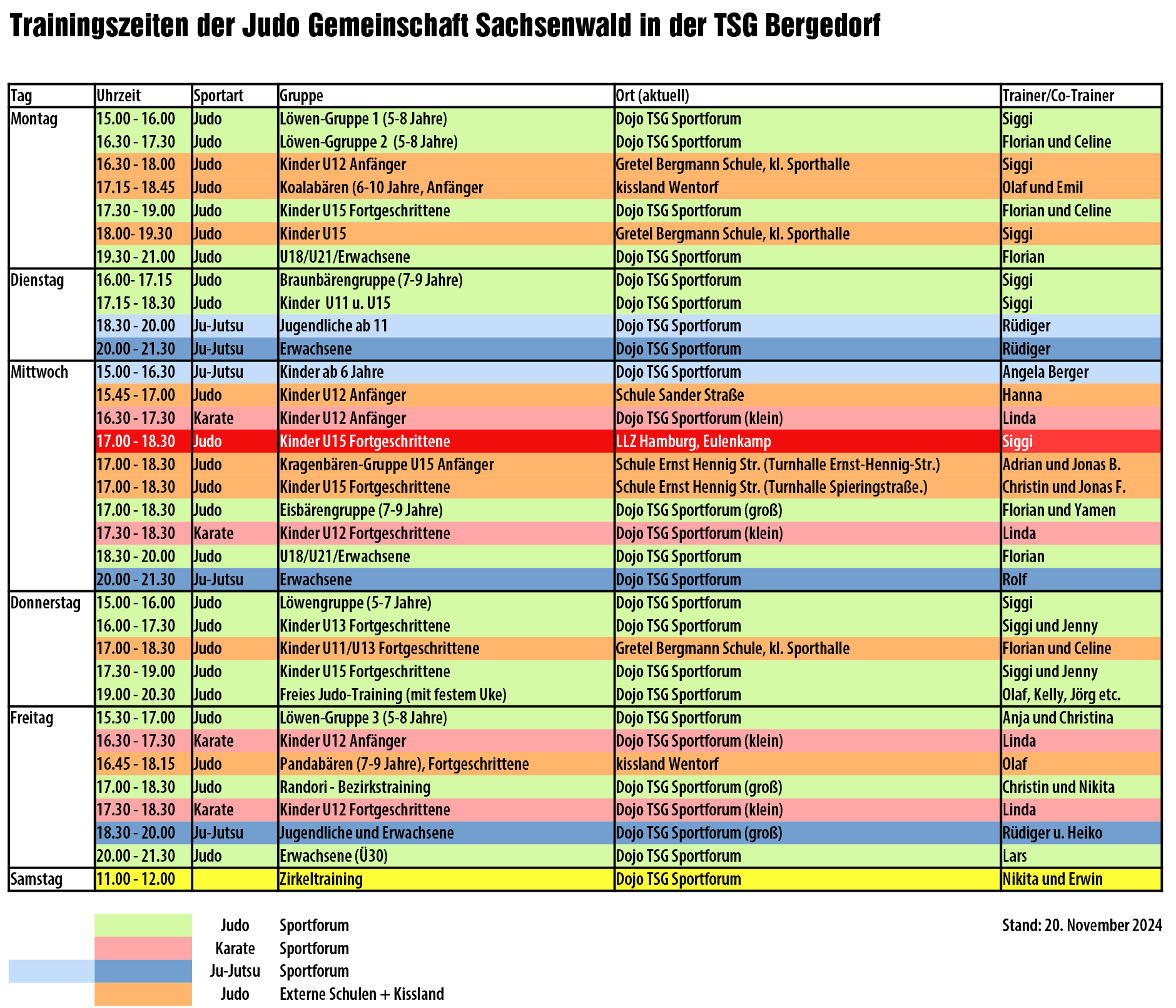 Trainingszeiten der Judo-Gemeinschaft Sachsenwald in der TSG Bergedorf 2024/2025