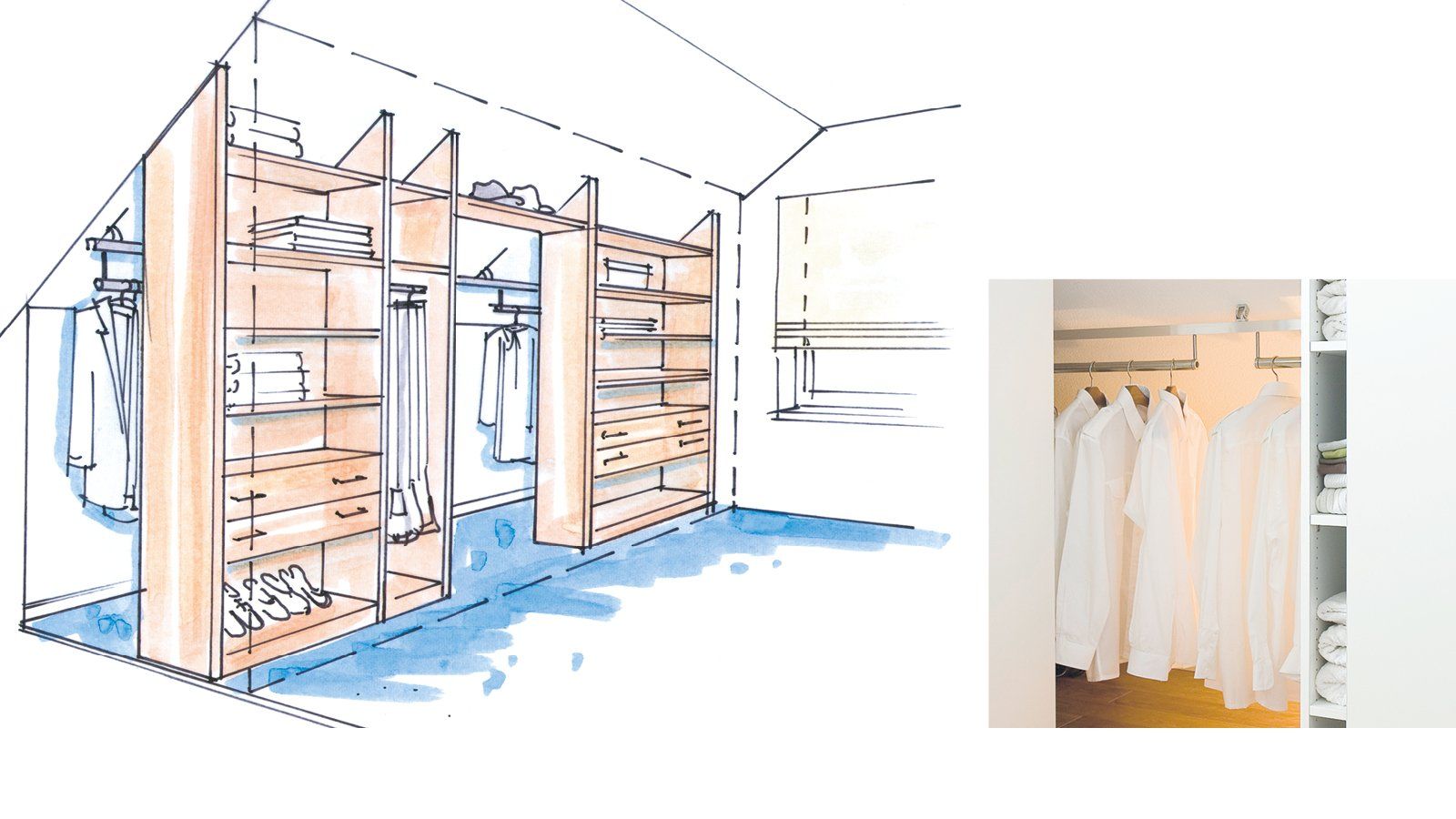 Der dressglider hinter dem Regal, mit Zugriff durch die Lücke