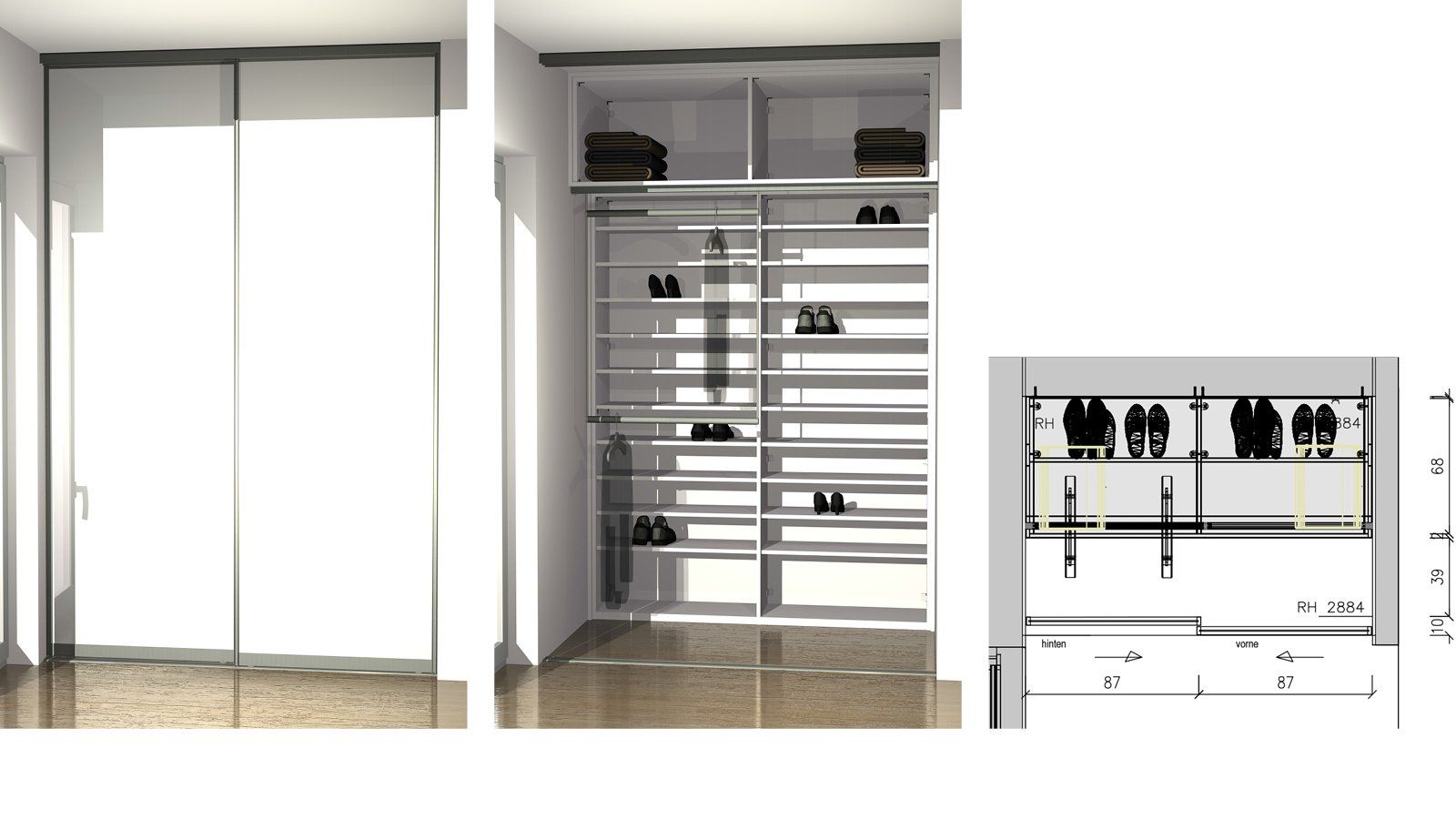 Der dressglider vor dem Schuhregal