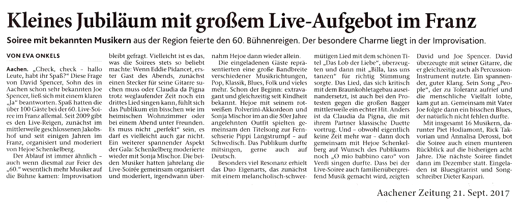 Kleines Jubiläum mit großem Live-Aufgebot im Franz, AZ 21.09.2017 Kleines Jubiläum mit großem Live-Aufgebot im Franz