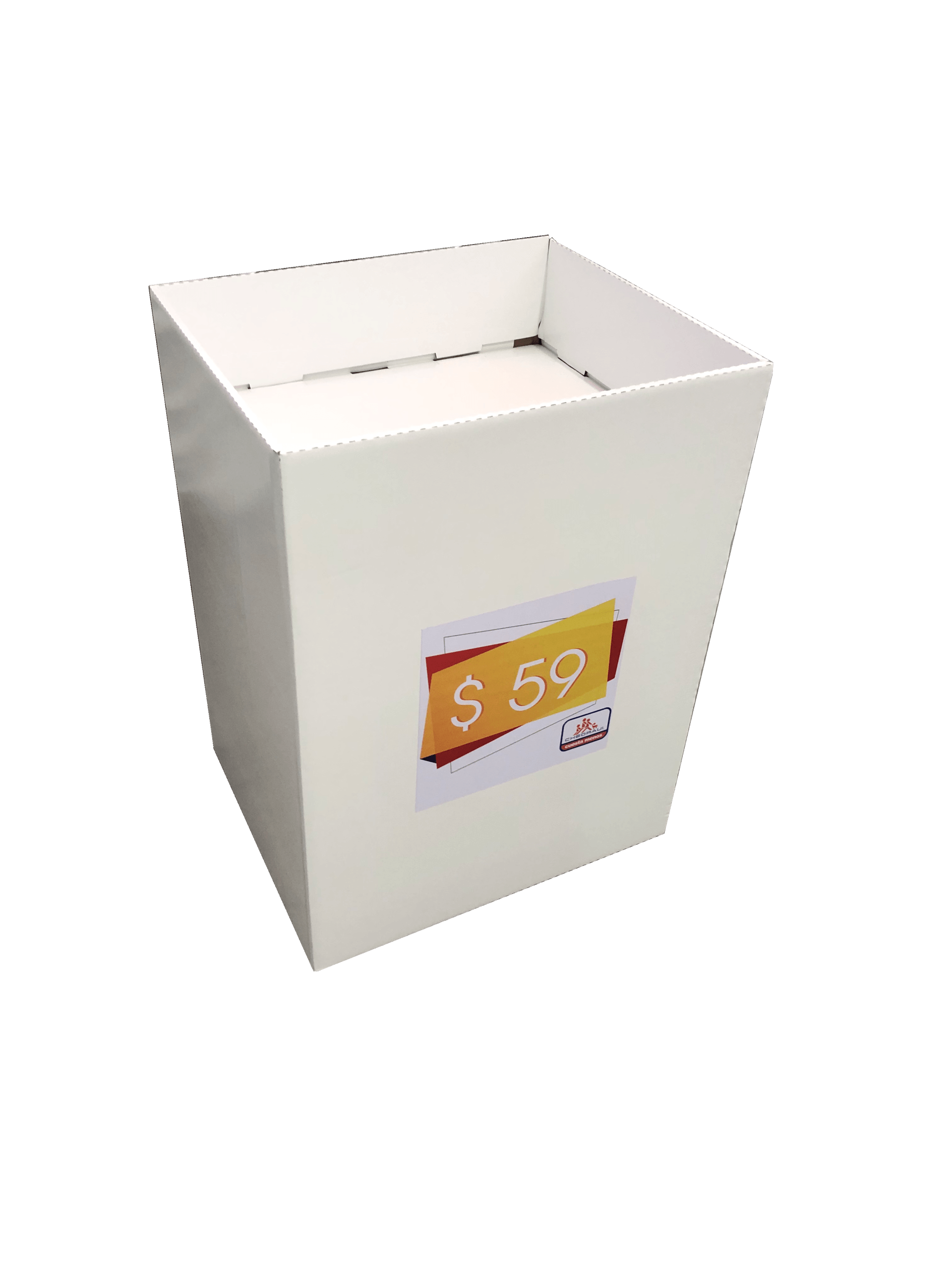 Exhibidor tipo Pallet Falso o Botadero fabricado en cartón corrugado blanco impresión personalizada