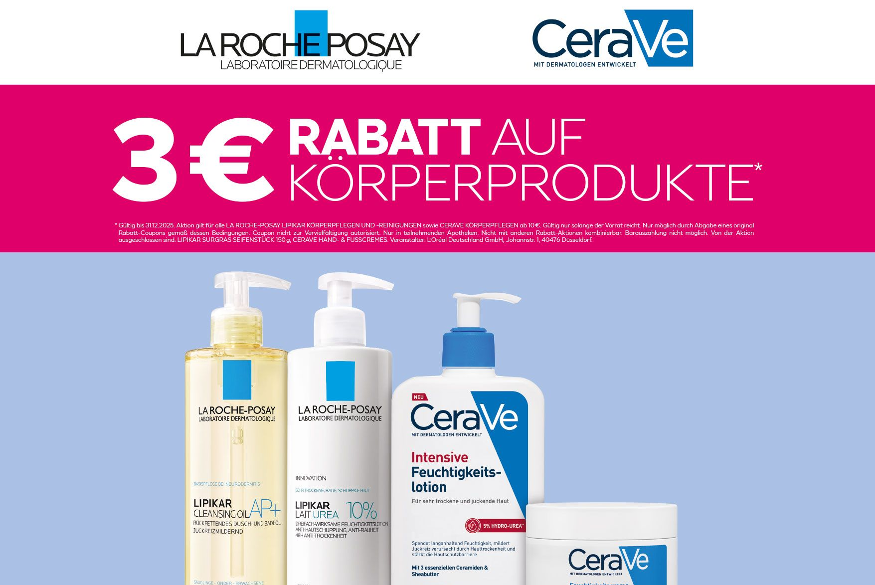 3 EUR Rabattaktion für verschiede Kosmetikprodukte in Flaschen und Tiegeln